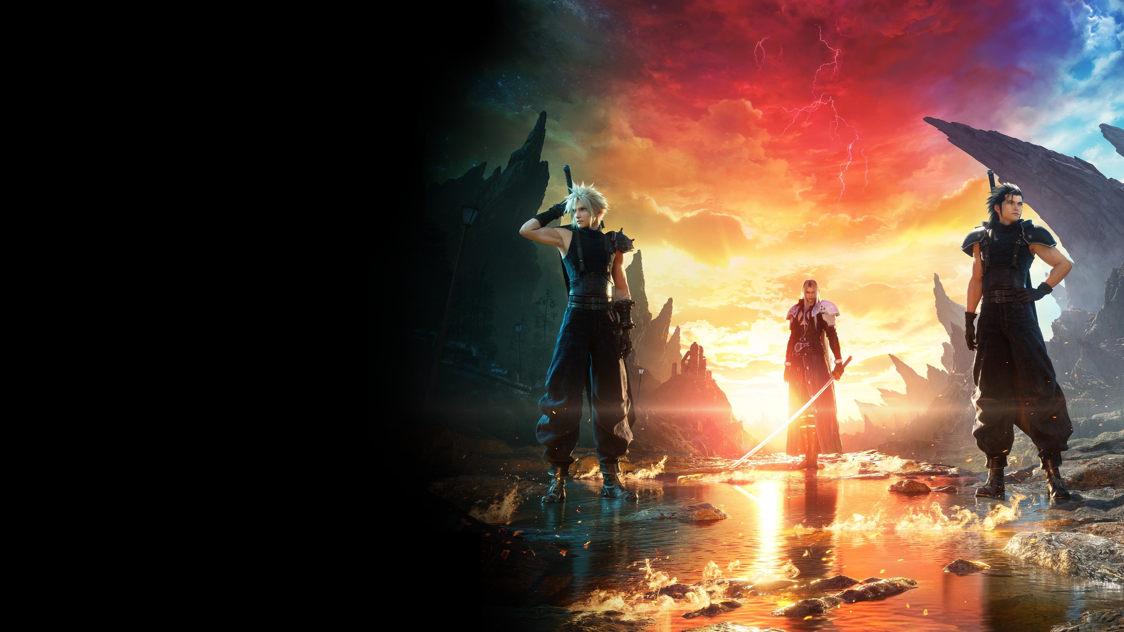 Cloud Strife, Sephiroth, Zack Fair, Final Fantasy VII Rebirth, Sonnenuntergang, Schwarzer Rand, 4K-Hintergrundbild
