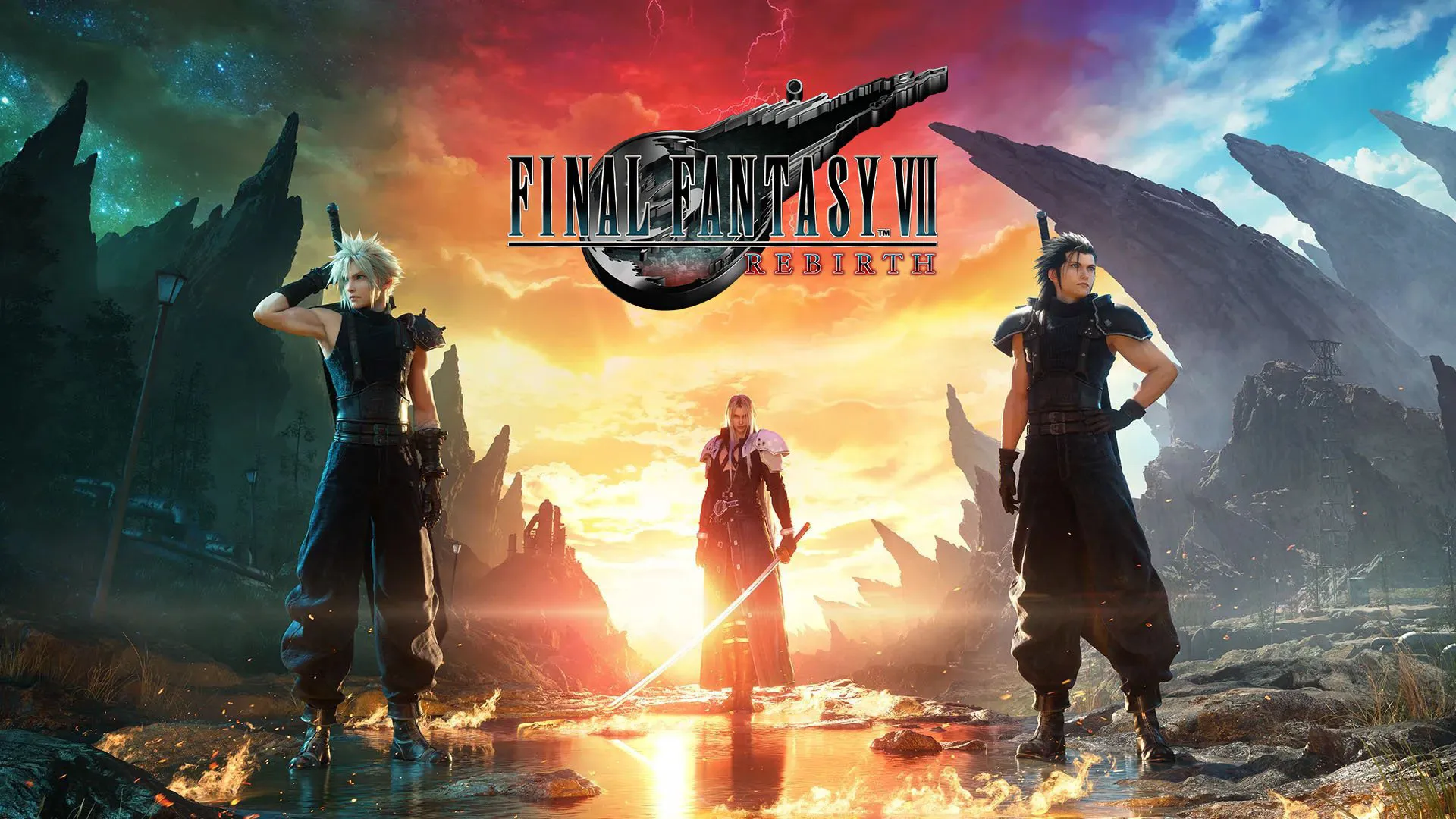 Final Fantasy VII Rebirth, Logo, Cloud Strife, Sephiroth, Zack Fair, Key Art, Full-HD-Hintergrund