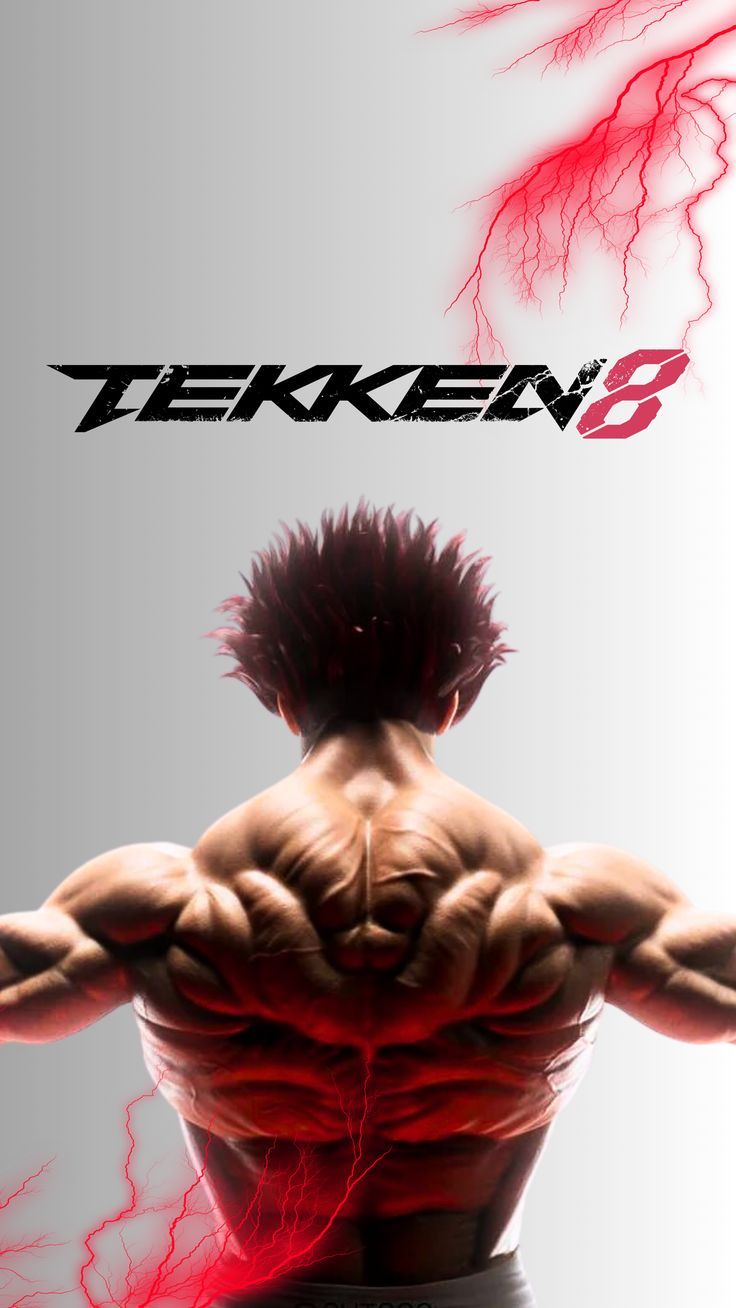 Tekken 8, Kazuya Mishima, Logo, Rückenansicht, Rote Blitze, Weißer Hintergrund, Sperrbildschirm