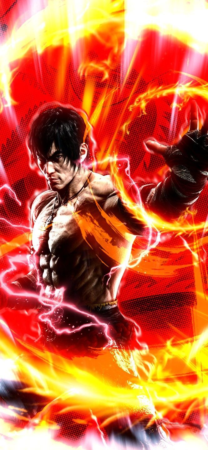 Jin Kazama, Tekken 8, Flammen, Rot, Kampfpose, Hintergrundbild für iPhone und Android