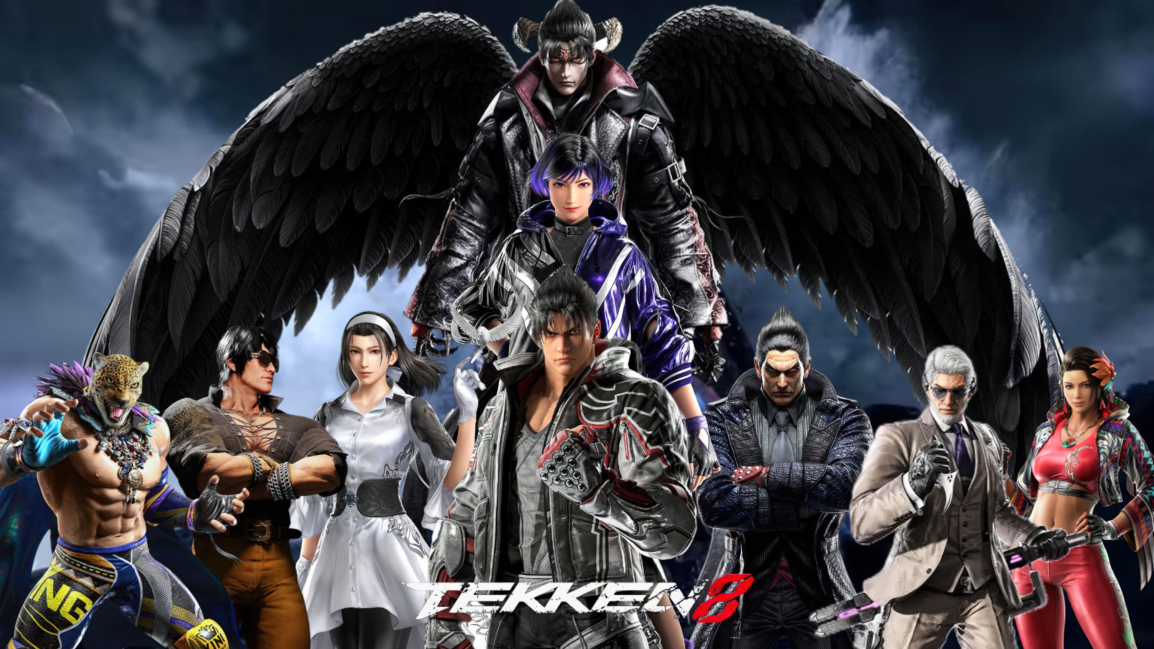 Tekken 8, Kazuya Mishima, Jin Kazama, Charaktere, Teufelsflügel, Gruppenbild, 4K-Hintergrundbild