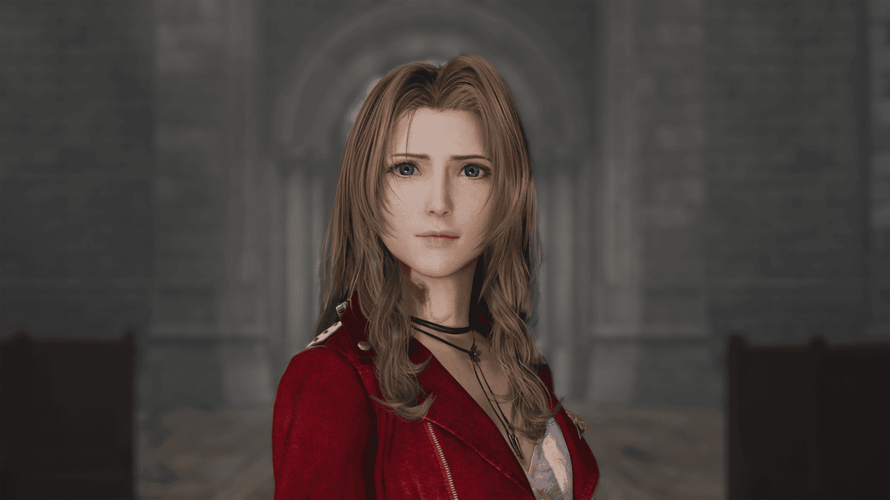 Aerith Gainsborough, Final Fantasy VII Rebirth, Porträt, Rote Jacke, Steinwand, HD-Hintergrundbild