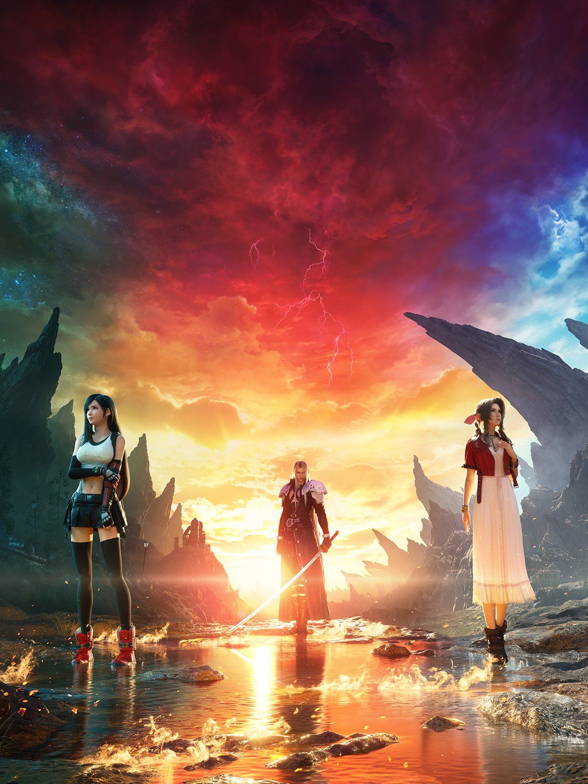 Final Fantasy VII Rebirth, Tifa Lockhart, Aerith Gainsborough, Sonnenuntergang, Hochformat, iPad-Hintergrundbild
