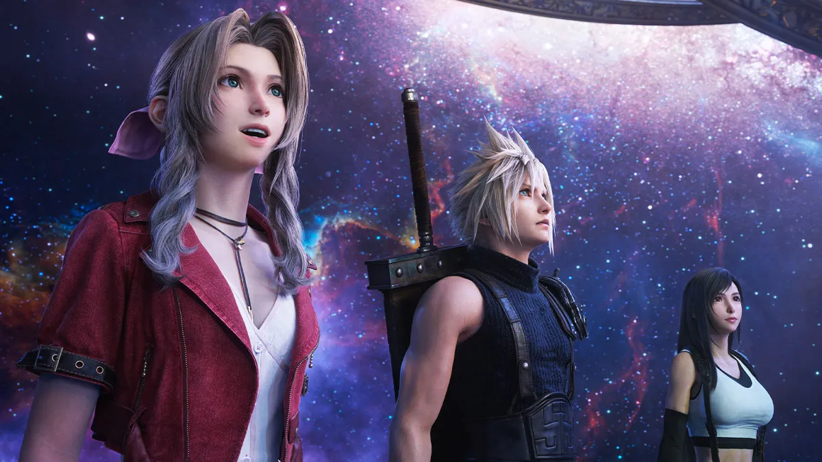 Aerith Gainsborough, Cloud Strife, Tifa Lockhart, Final Fantasy VII Rebirth, Sternenhimmel, Lila, Hintergrund