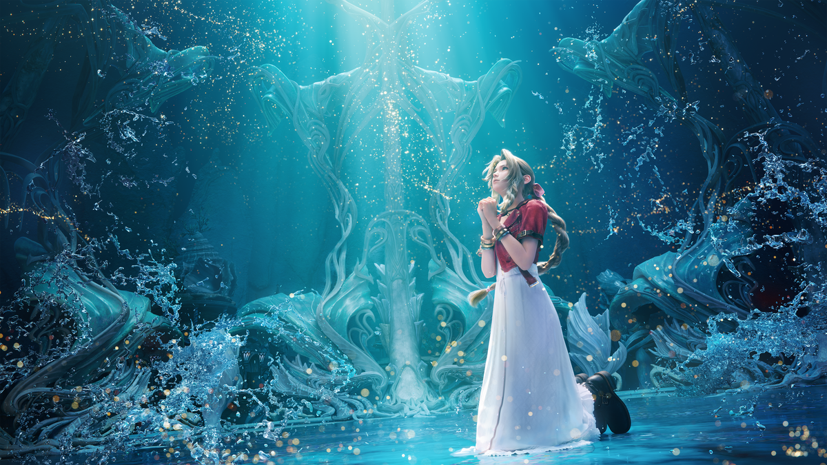 Aerith Gainsborough, Final Fantasy VII Rebirth, Wasser, Lichtstrahlen, Weißes Kleid, Türkis, Hintergrundbild