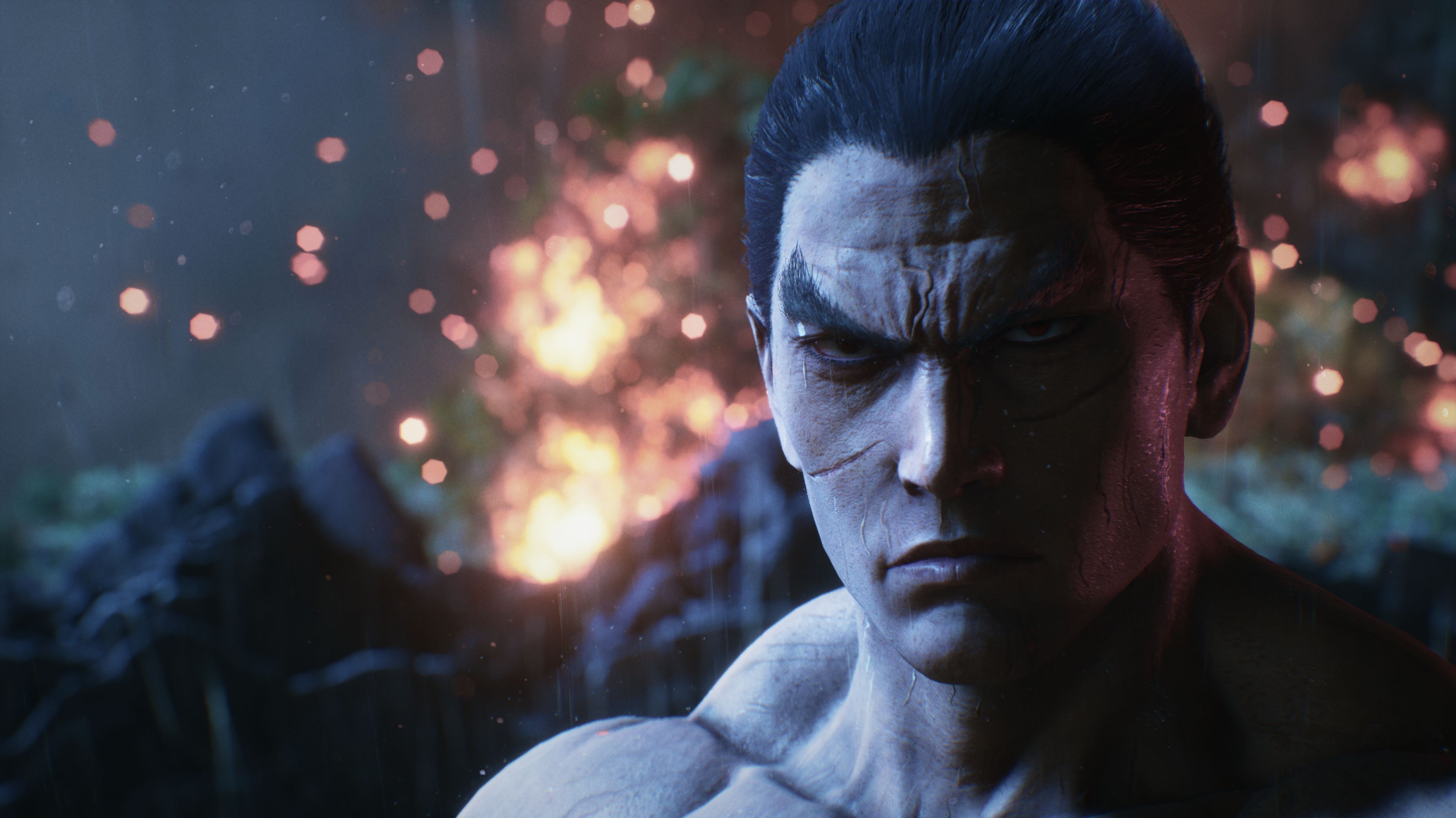 Kazuya Mishima, Tekken 8, Funken, Nahaufnahme, Düster, 4K, Desktop-Hintergrund für Windows