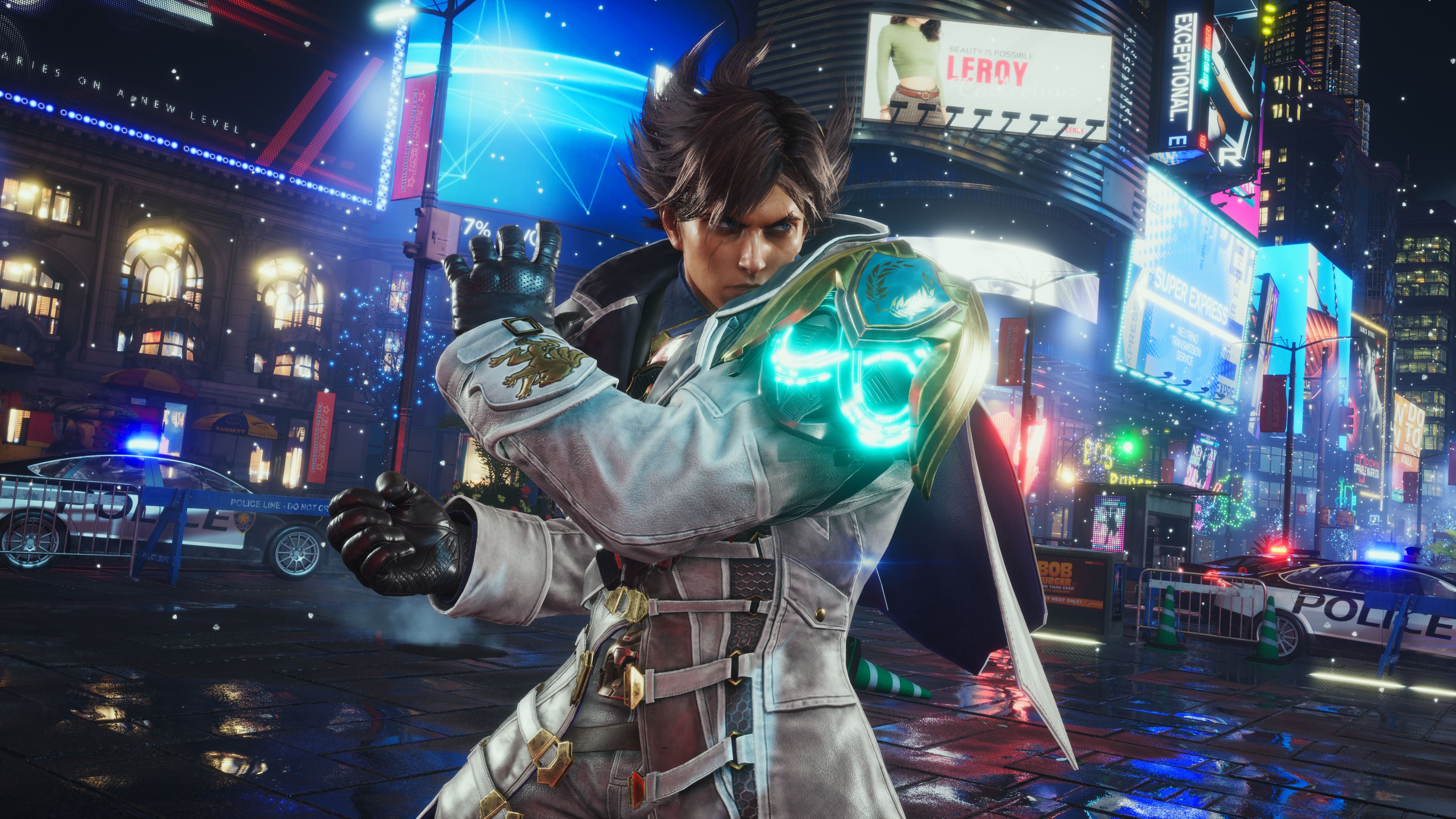 Tekken 8, Kämpfer, Leuchtender Handschuh, Stadt bei Nacht, Neonlichter, 4K, Windows-Hintergrundbild