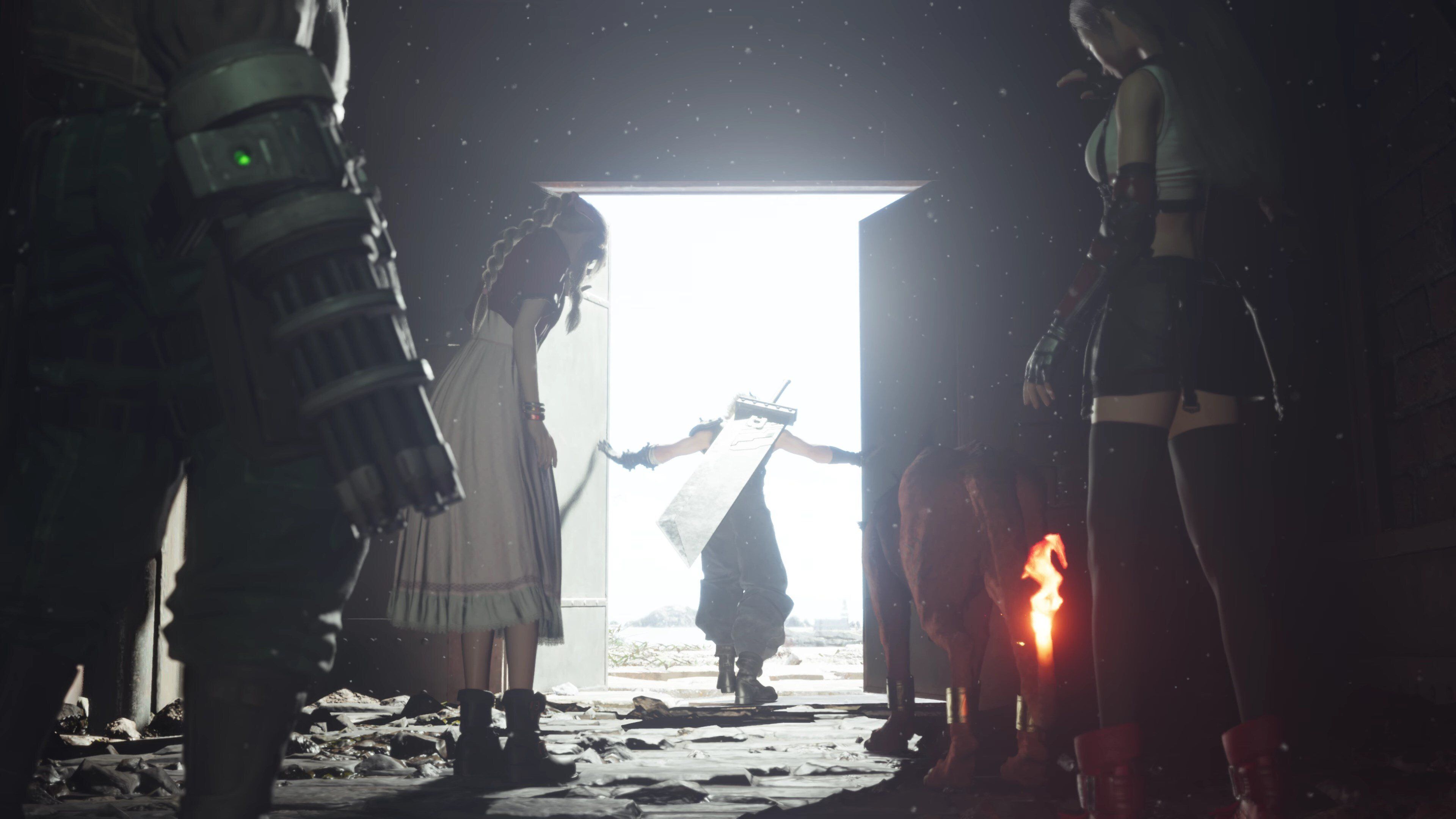 Final Fantasy VII Rebirth, Tür, Gegenlicht, Silhouetten, Dunkel, 4K, PC-Hintergrundbild