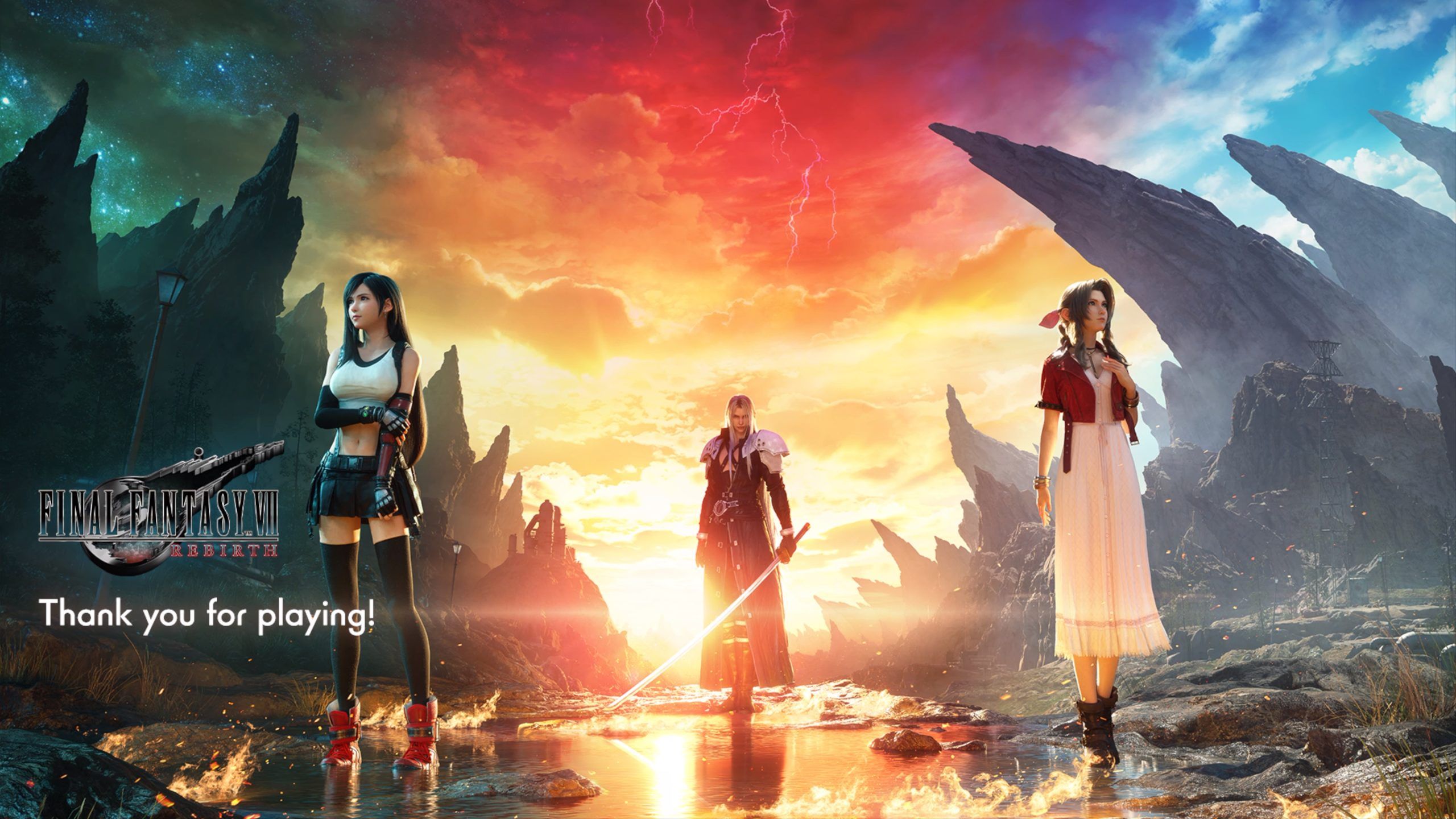 Final Fantasy VII Rebirth, Tifa Lockhart, Aerith Gainsborough, Sephiroth, Thank you for playing, Sonnenuntergang, 1440p Wallpaper