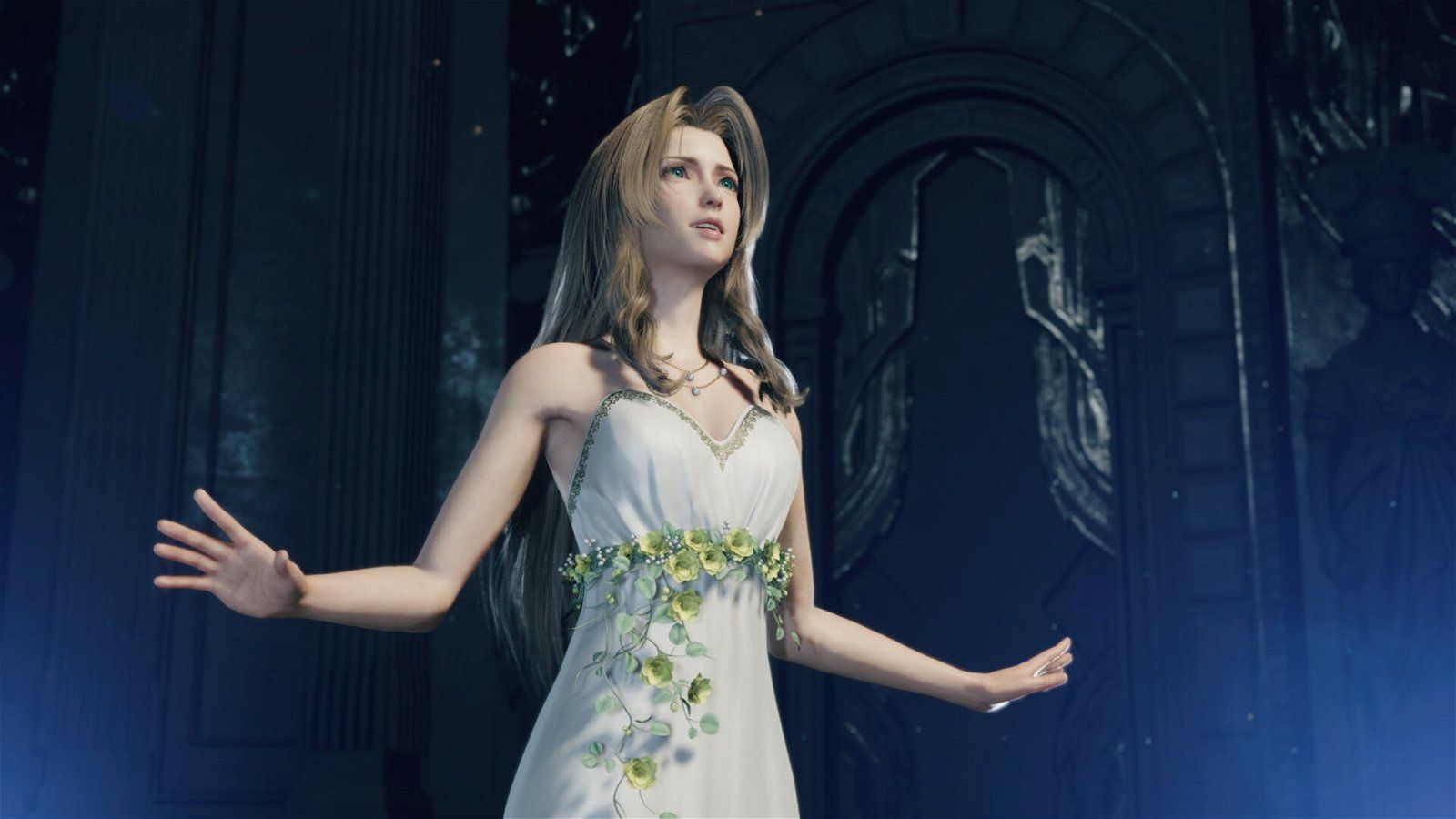 Aerith Gainsborough, Final Fantasy VII Rebirth, Weißes Kleid, Blumenranken, Tempel, Blaues Licht, HD-PC-Hintergrundbild