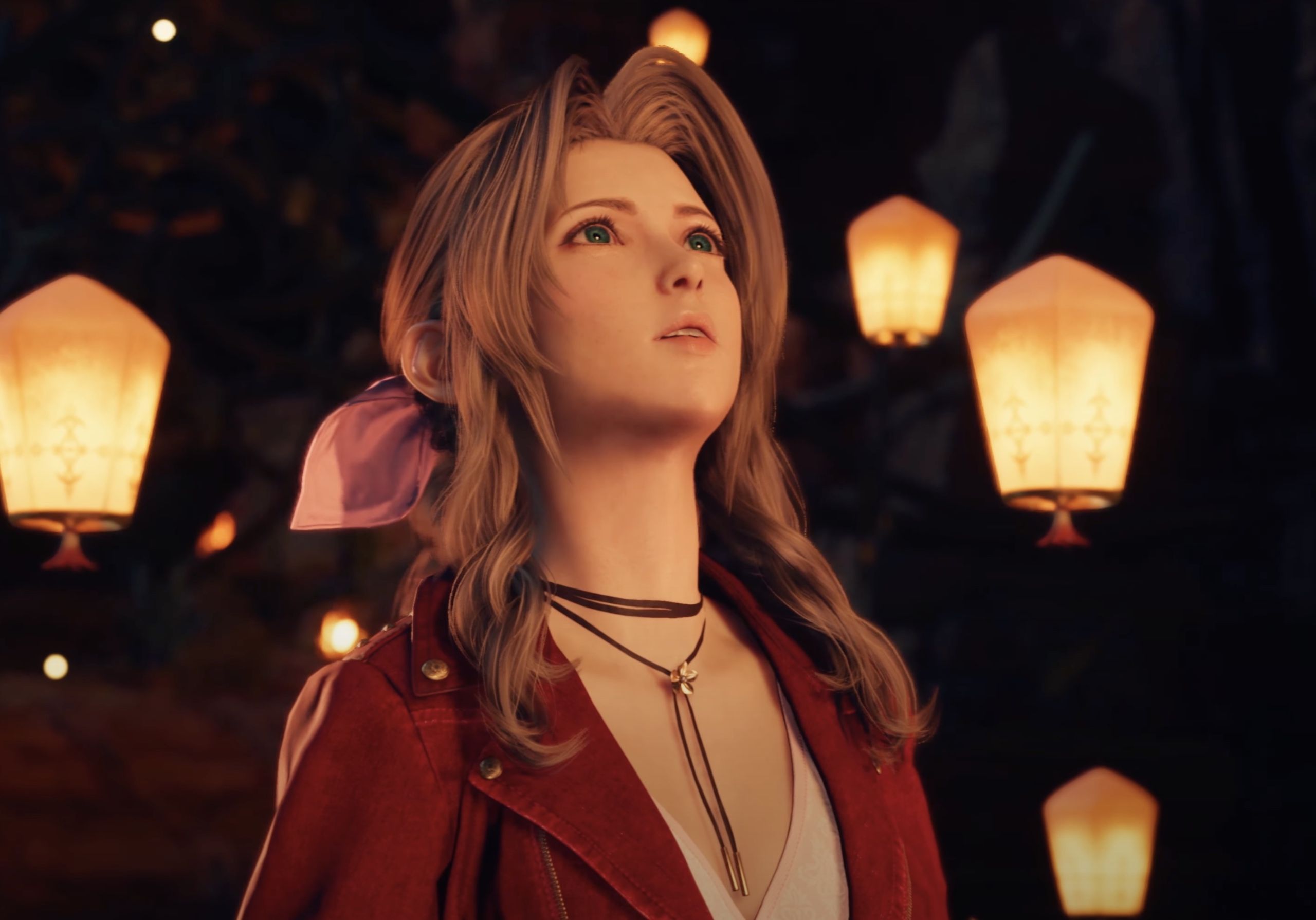 Aerith Gainsborough, Final Fantasy VII Rebirth, Laternen, Nacht, Porträt, 2K, Windows-Hintergrundbild