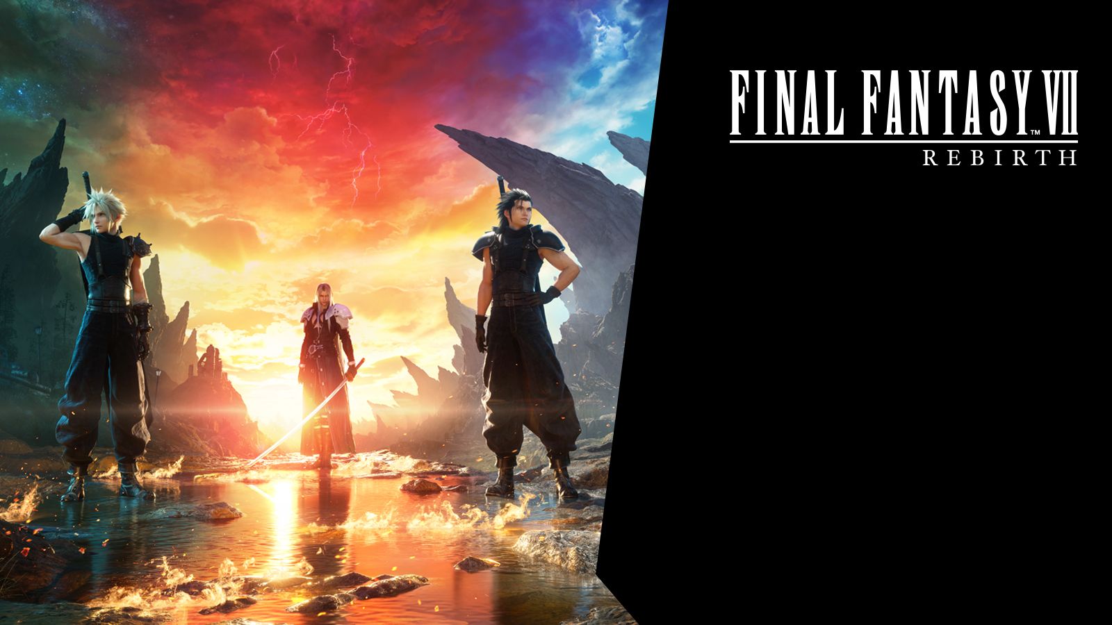 Final Fantasy VII Rebirth, Logo, Cloud Strife, Sephiroth, Zack Fair, Sonnenuntergang, HD-Desktop-Hintergrund
