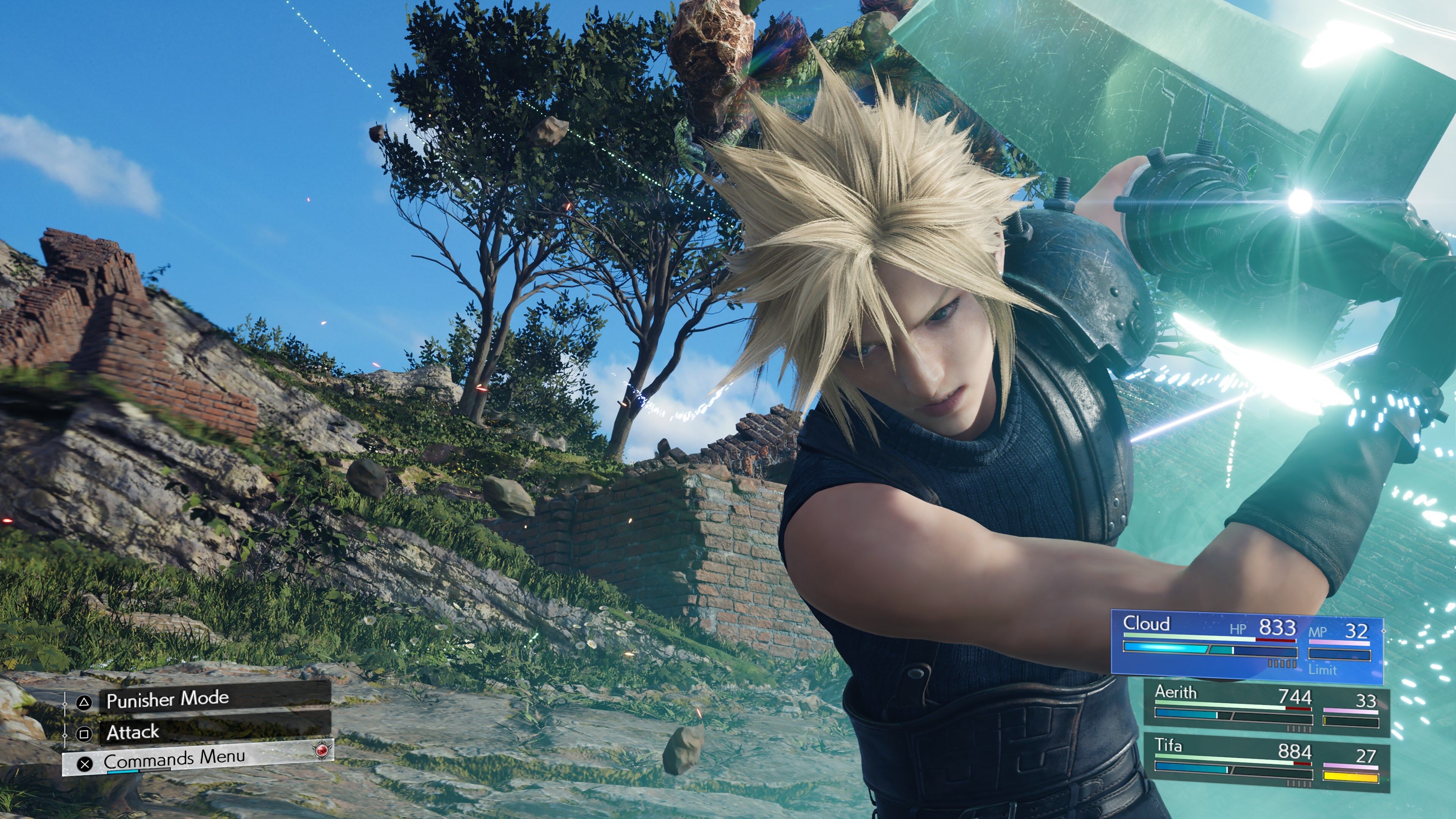 Cloud Strife, Final Fantasy VII Rebirth, Buster Sword, Gameplay, Felsen, Sonnig, 2160p Wallpaper
