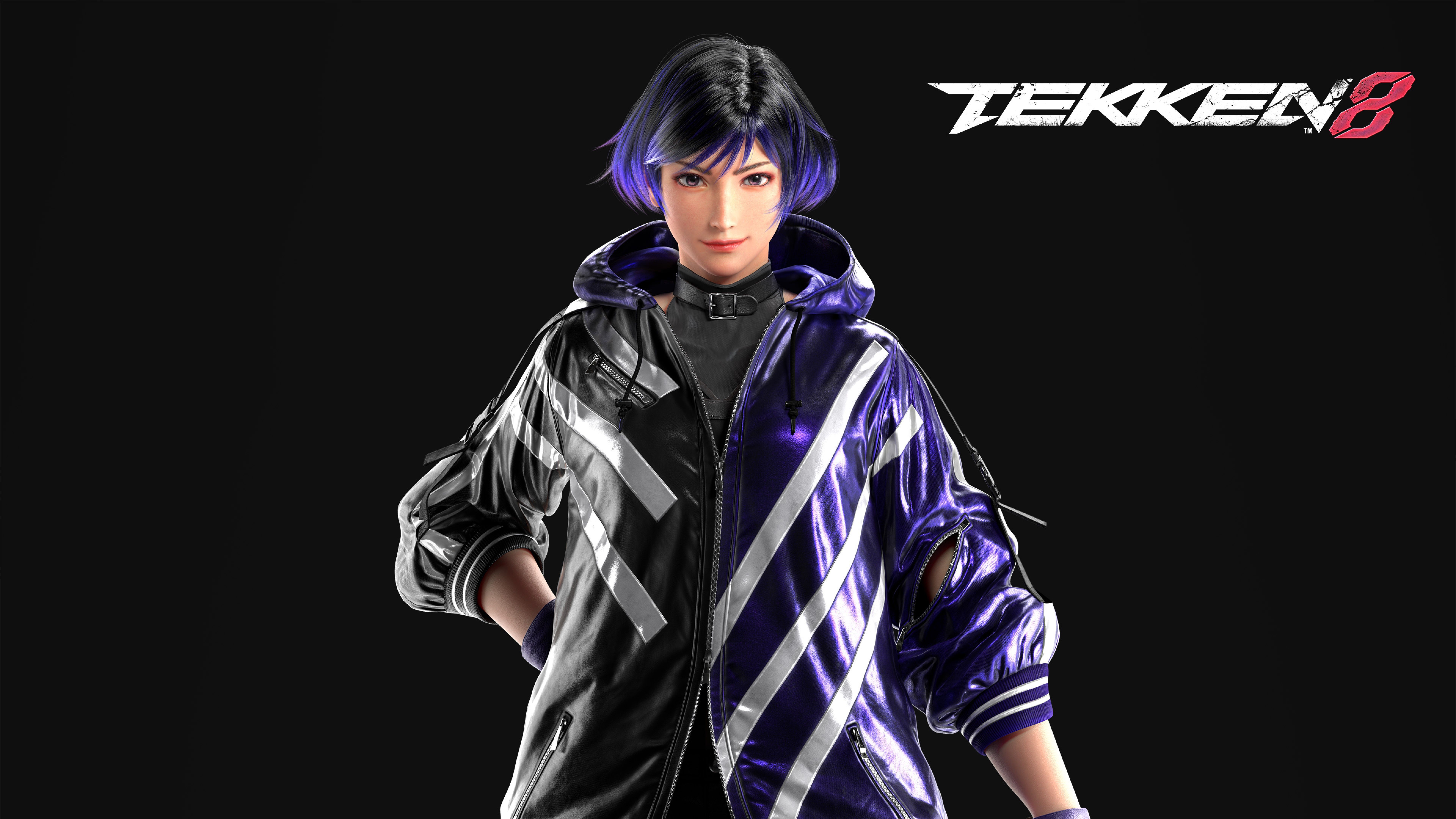 Reina, Tekken 8, Logo, Lila Jacke, Schwarzer Hintergrund, 8K Wallpaper