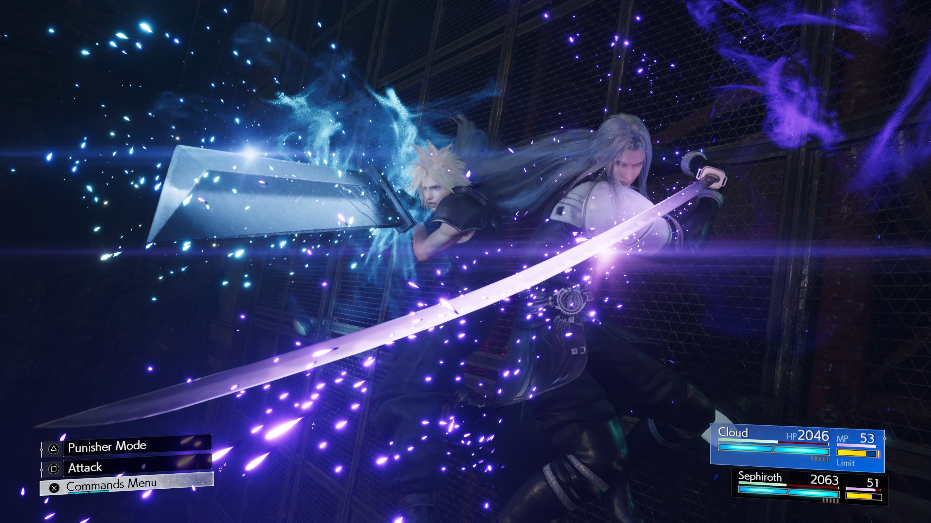 Cloud Strife, Sephiroth, Final Fantasy VII Rebirth, Kampf, Lila Energie, Gameplay, Ultra-HD-Hintergrundbild