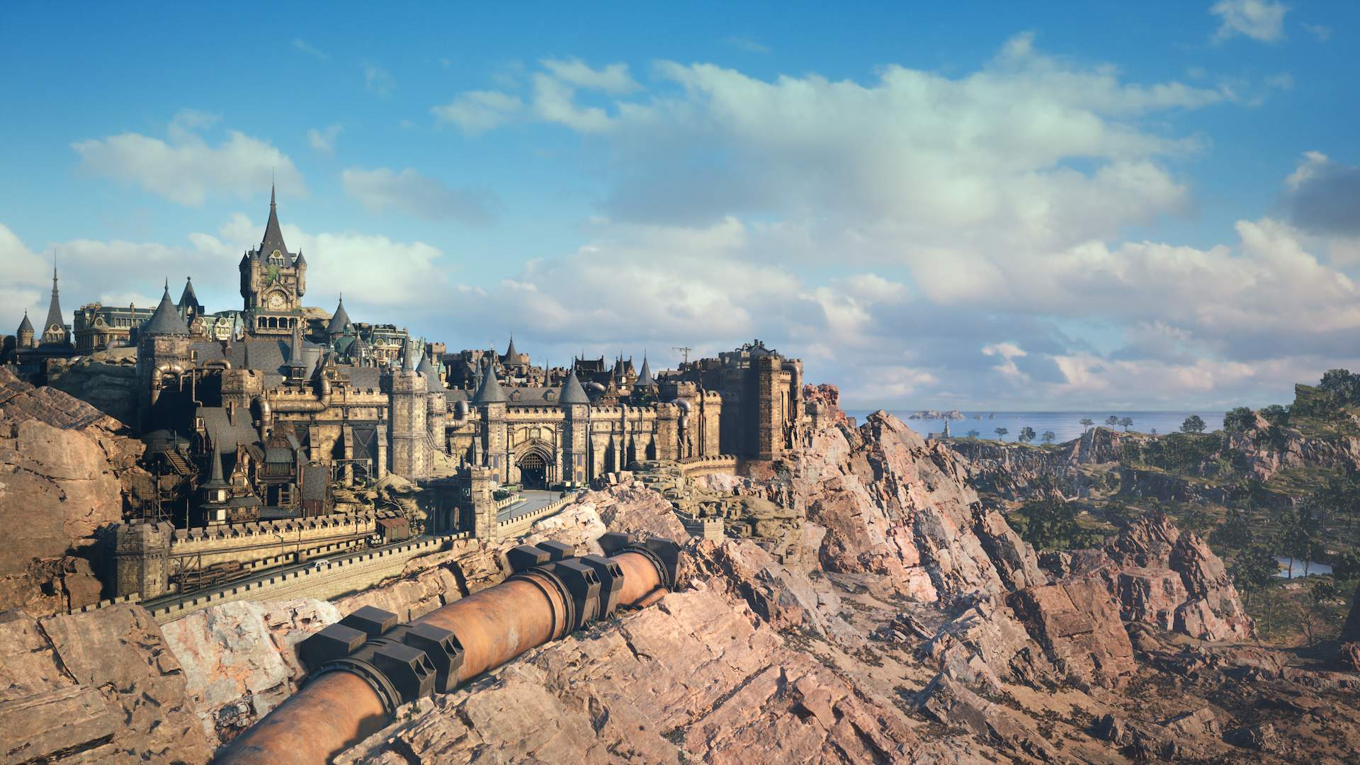 Final Fantasy VII Rebirth, Festungsstadt, Klippen, Küste, Panorama, Full HD, Windows-Hintergrundbild