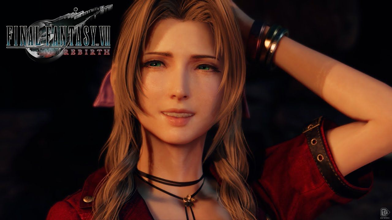 Aerith Gainsborough, Final Fantasy VII Rebirth, Logo, Lächeln, Porträt, HD, Laptop-Hintergrundbild