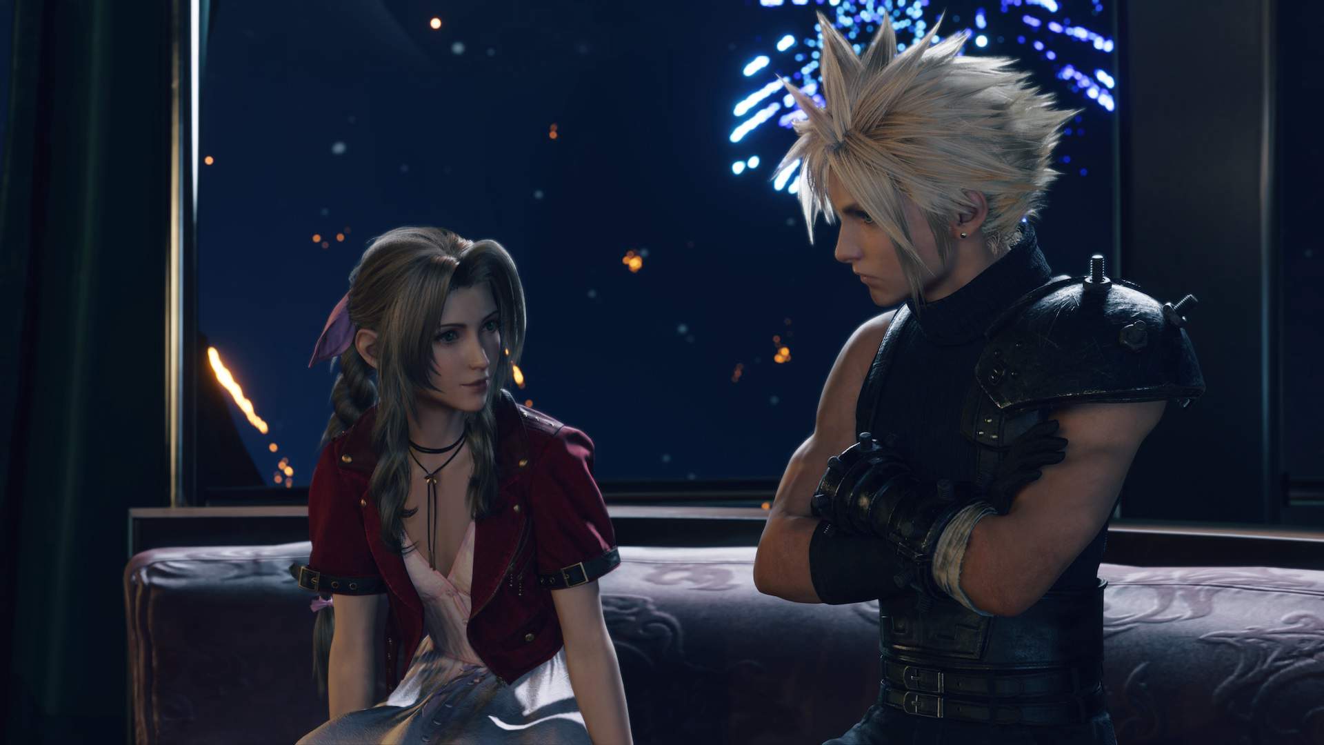 Aerith Gainsborough, Cloud Strife, Final Fantasy VII Rebirth, Gold Saucer, Riesenrad, Feuerwerk, 1080p-Hintergrundbild