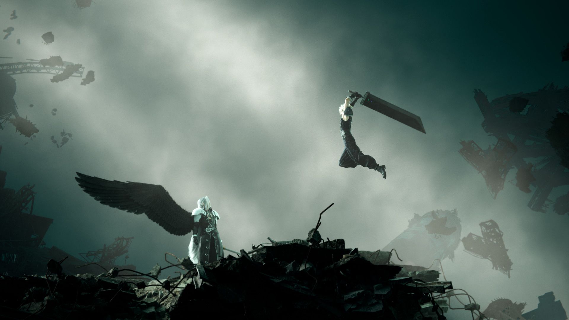 Sephiroth, Final Fantasy VII Rebirth, Schwarzer Flügel, Ruinen, Düster, 1920x1080, PC-Hintergrundbild