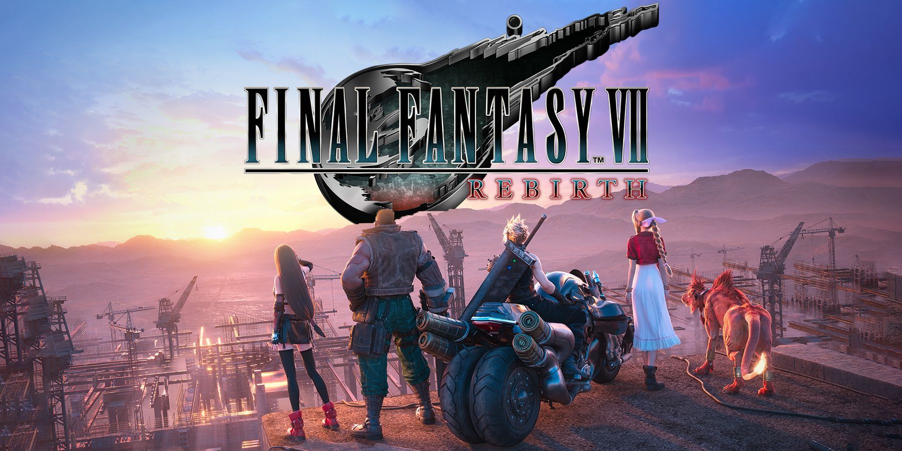 Final Fantasy VII Rebirth, Logo, Motorrad, Heldengruppe, Abendhimmel, HD, Desktop-Hintergrund