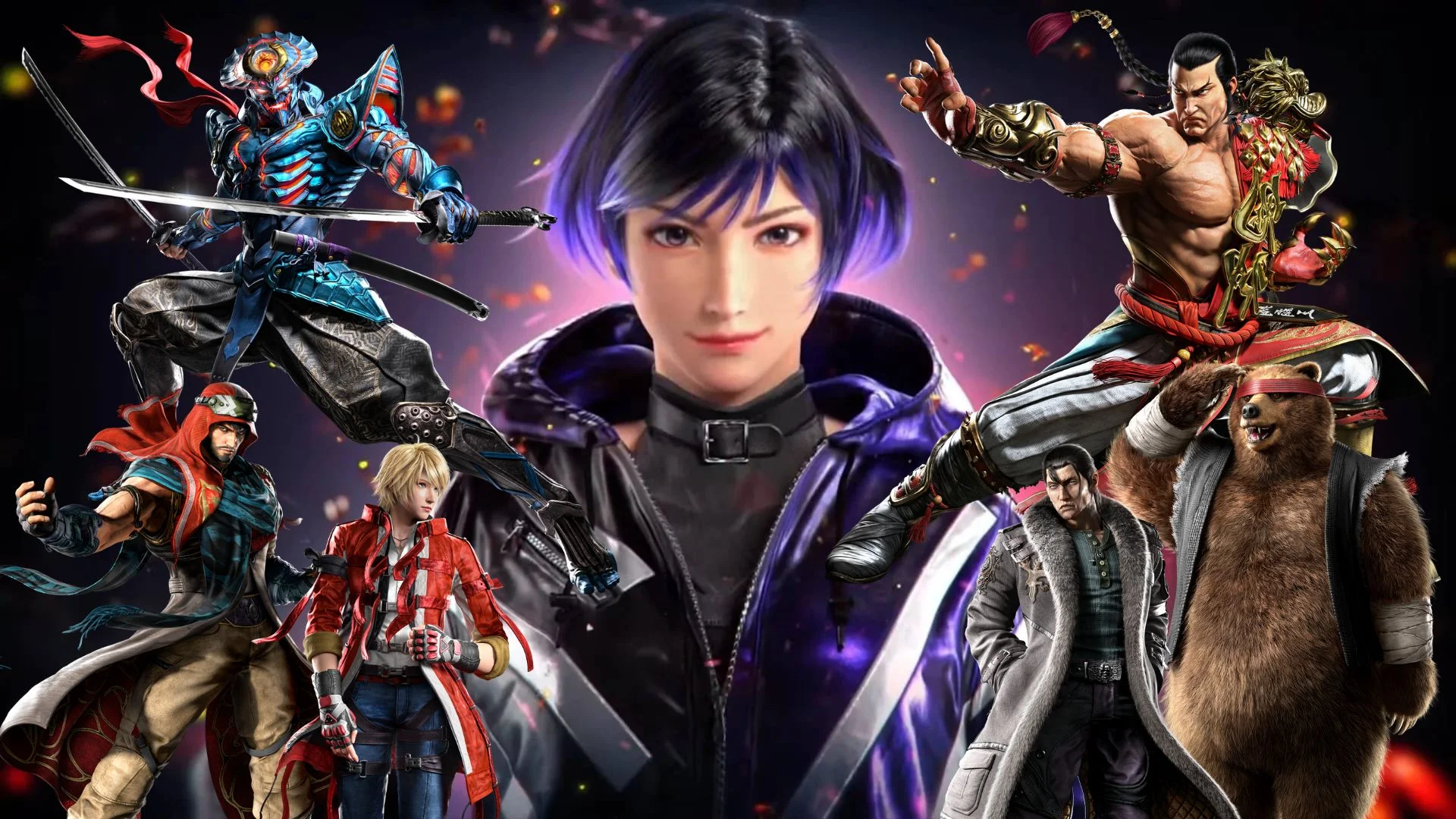 Tekken 8, Reina, Yoshimitsu, Feng Wei, Kuma, Charaktere, 1920x1080, PC-Hintergrundbild