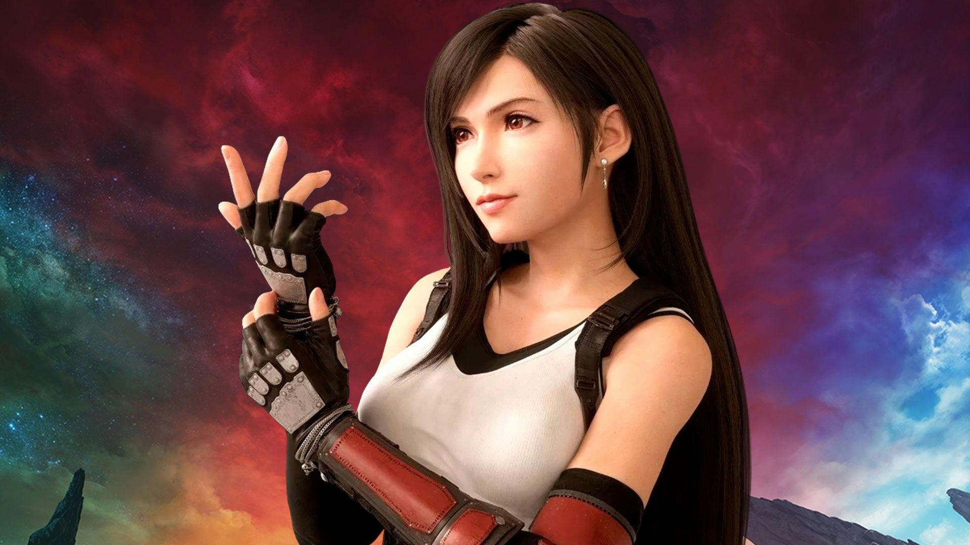 Tifa Lockhart, Final Fantasy VII Rebirth, Kampfhandschuhe, Nebel, Roter Himmel, Full-HD-Hintergrund