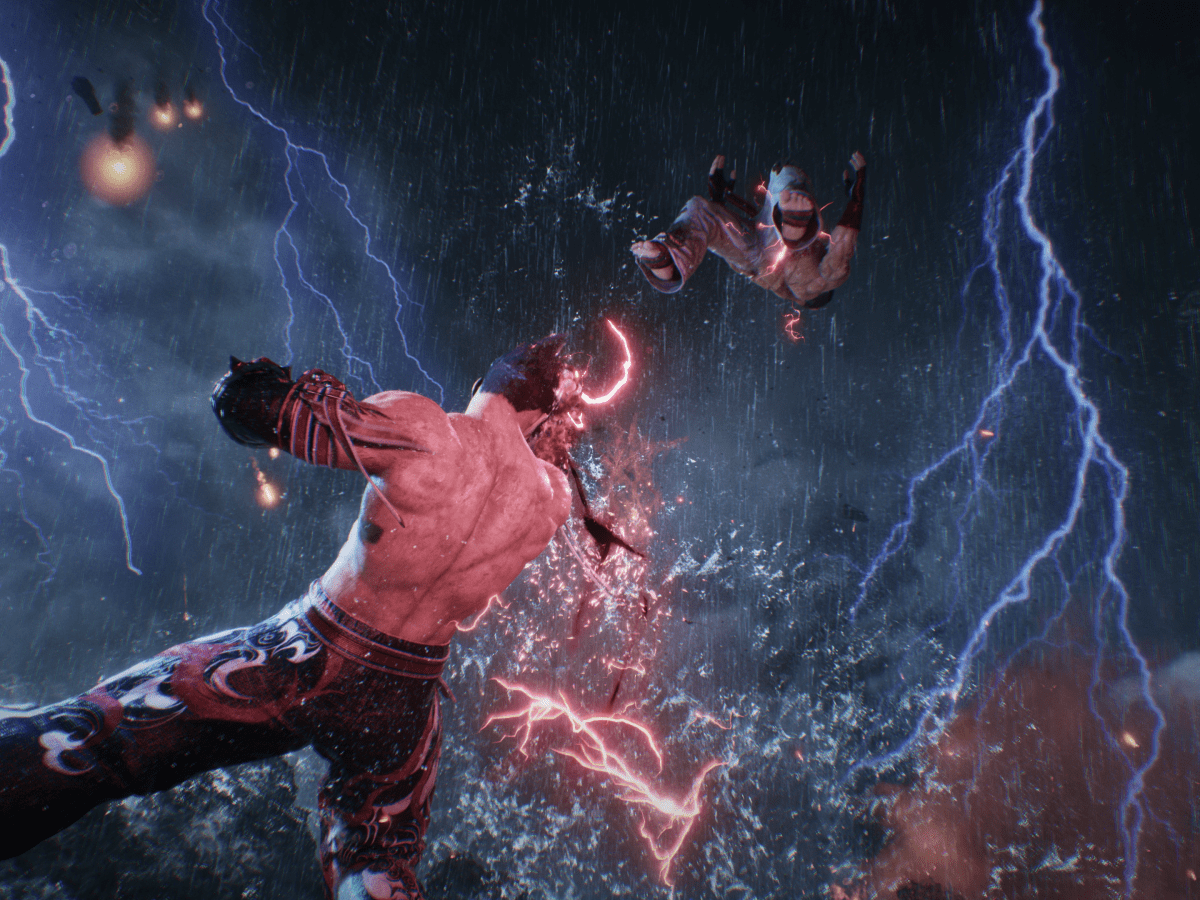 Kazuya Mishima, Jin Kazama, Tekken 8, Kampf, Blitze, Regen, Hintergrundbild fürs Tablet