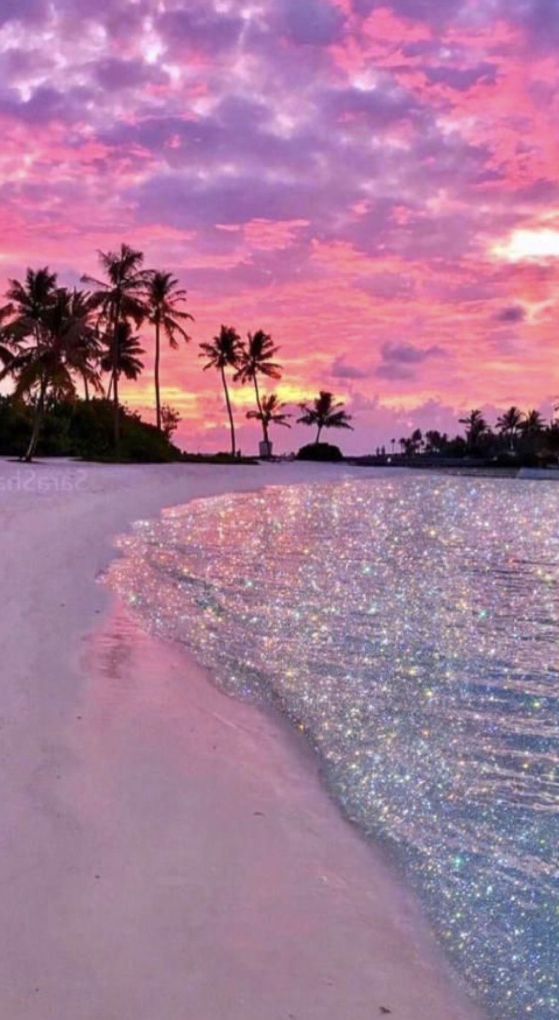 Strand, Palmen, Pinker Himmel, Glitzerwellen, Tropisch, Full HD, Hintergrundbild fürs Handy
