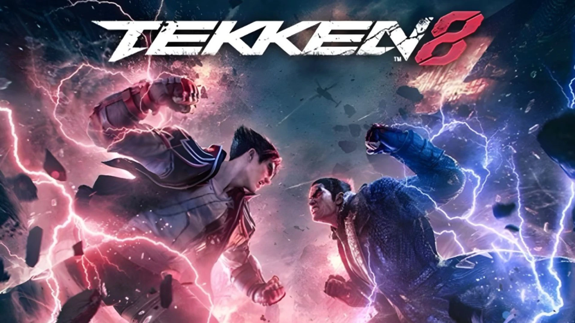 Tekken 8, Jin Kazama, Kazuya Mishima, Logo, Blitze, Duell, Full HD, Breitbild-Hintergrundbild