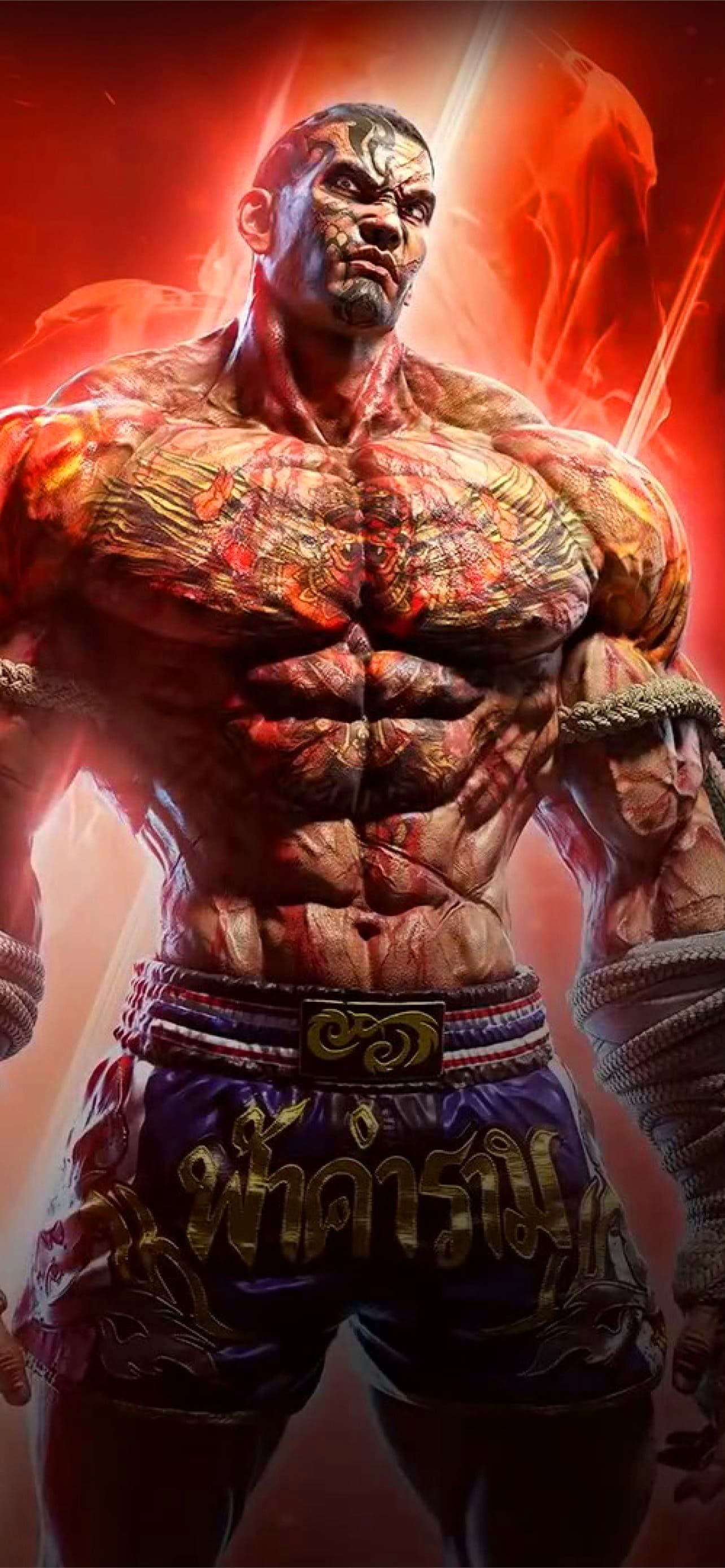 Tekken 8, Kämpfer, Muskeln, Tätowierungen, Roter Hintergrund, Sperrbildschirm fürs iPhone