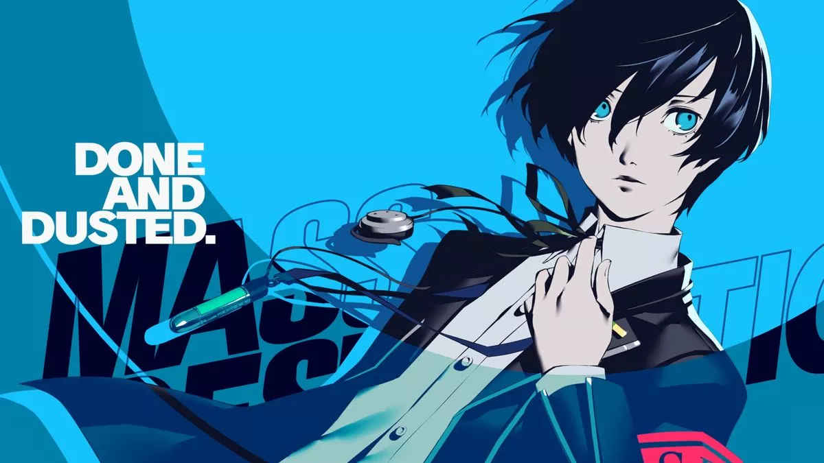 Makoto Yuki, Persona 3 Reload, Done and Dusted, Schriftzug, Blauer Hintergrund, Wallpaper