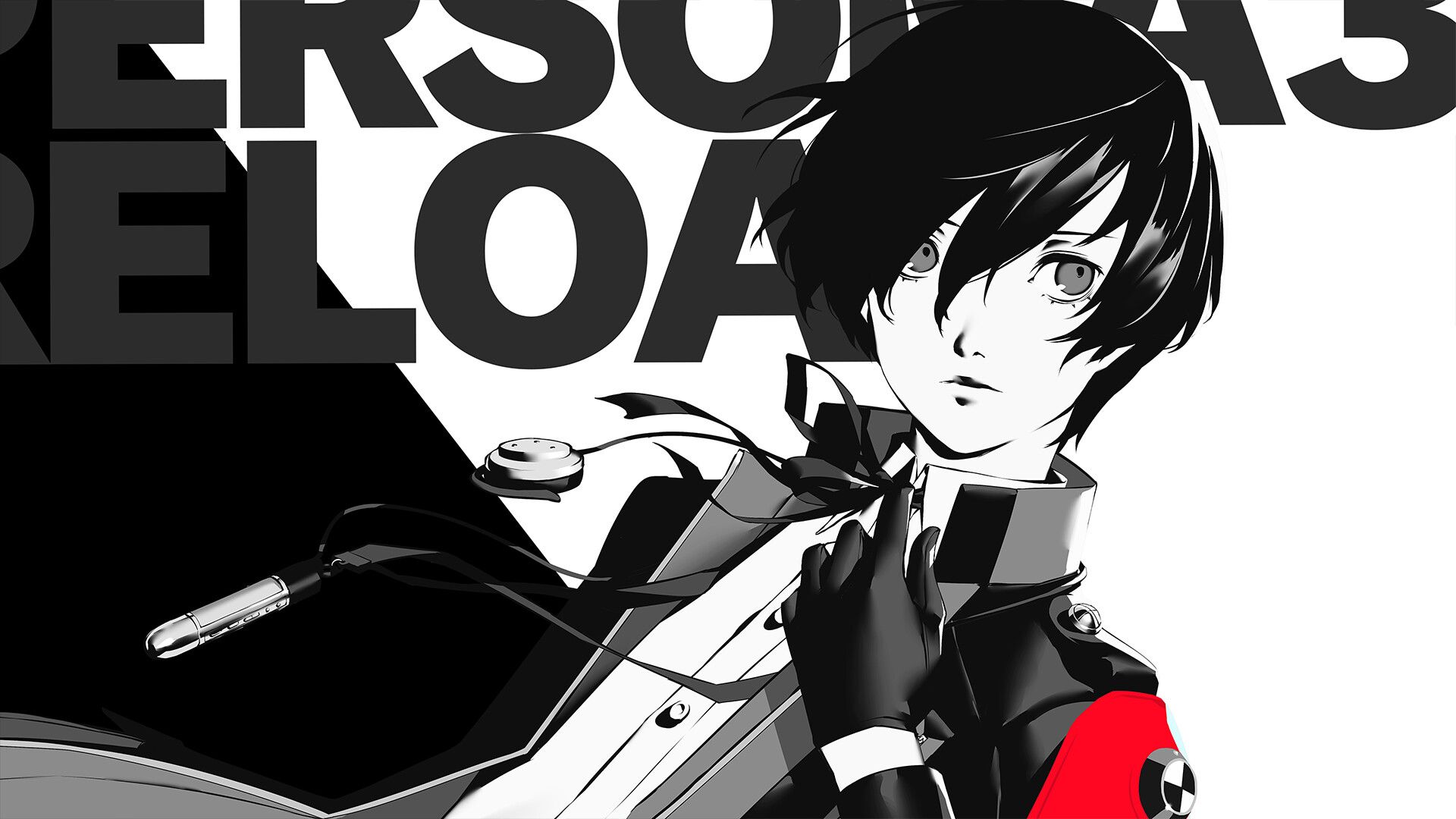 Makoto Yuki, Persona 3 Reload, Schriftzug, Schwarz-Weiß, Rot, 1920x1080, Desktop-Hintergrund