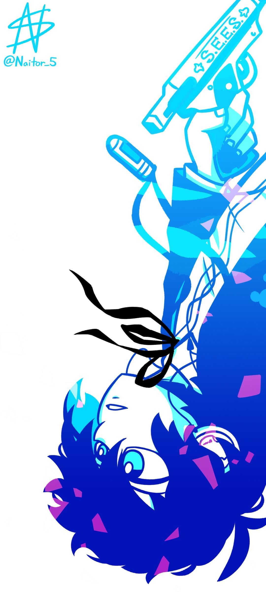 Makoto Yuki, Persona 3 Reload, Linienkunst, Blau, Weißer Hintergrund, Sperrbildschirm fürs iPhone