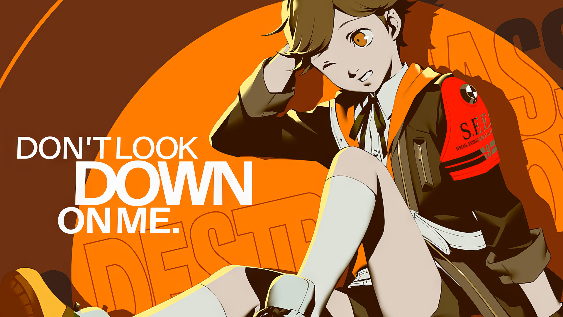Persona 3 Reload, Don't Look Down on Me, Schriftzug, Orange Hintergrund, Schuluniform, 1080p Wallpaper