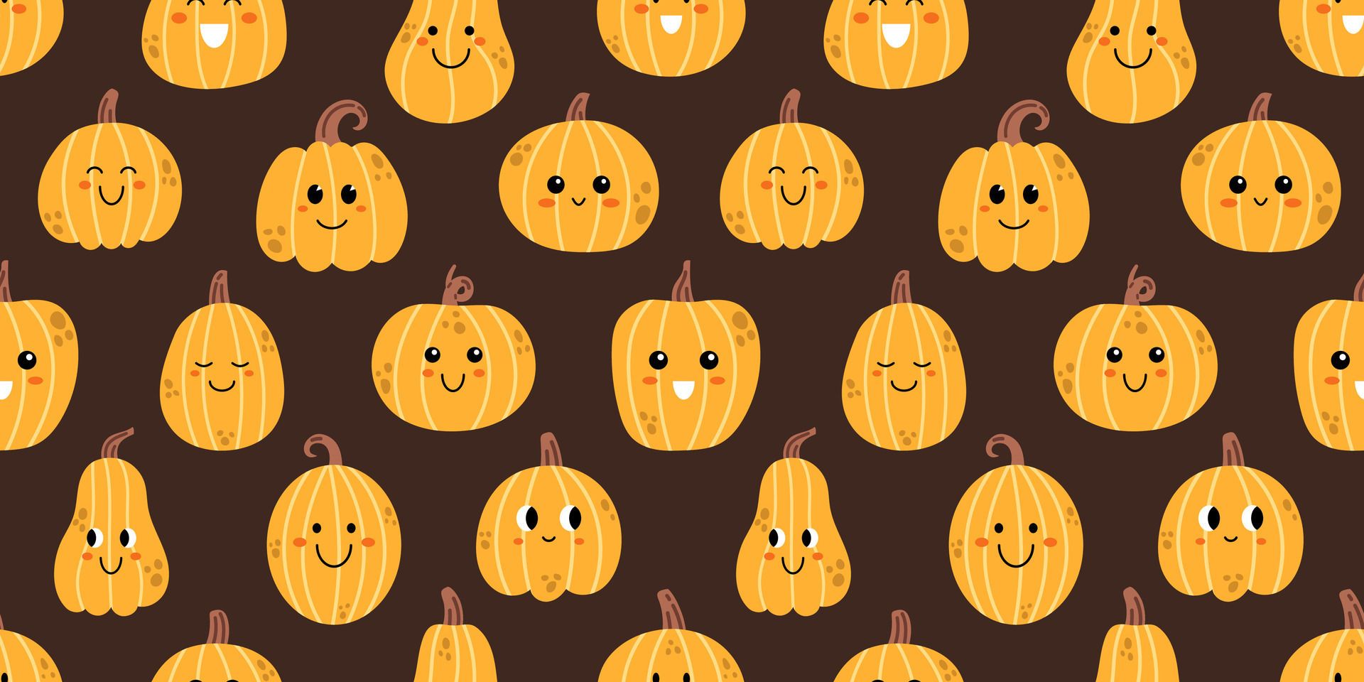Kürbismuster, Lachende Kürbisse, Dunkelbraun, Kawaii, Gelb, Full HD, PC-Hintergrundbild