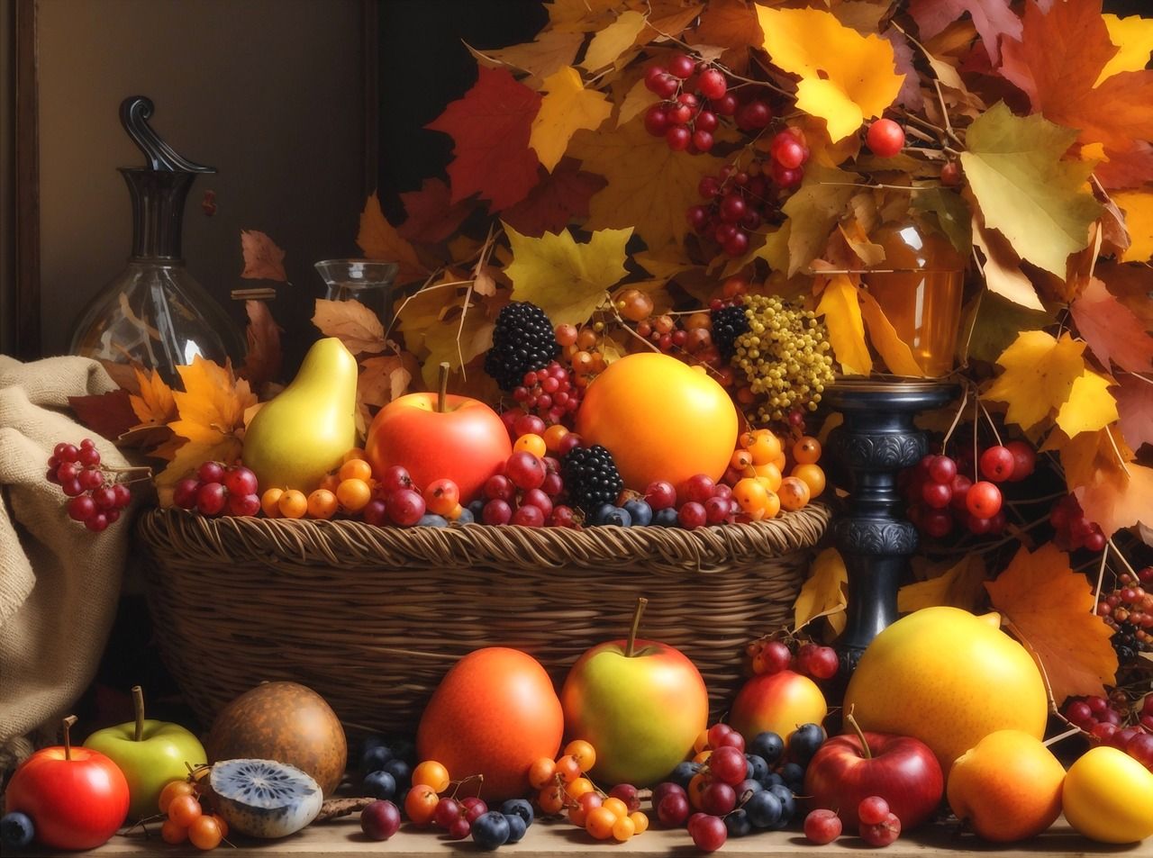 Obstkorb, Herbstlaub, Trauben, Birnen, Früchte, Stillleben, Hintergrundbild fürs Tablet