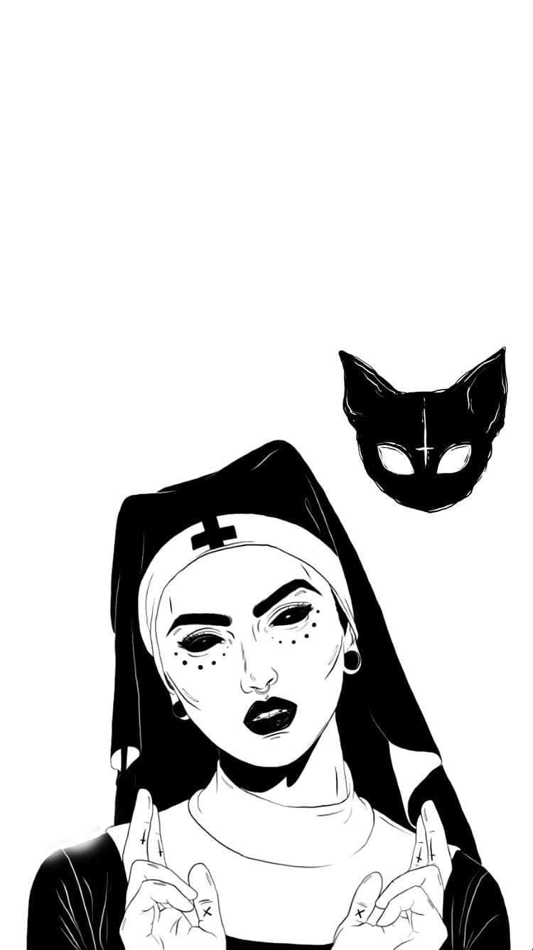 Nonne, Schwarze Katze, Strichzeichnung, Schwarz-Weiß, Illustration, Hintergrundbild fürs Handy