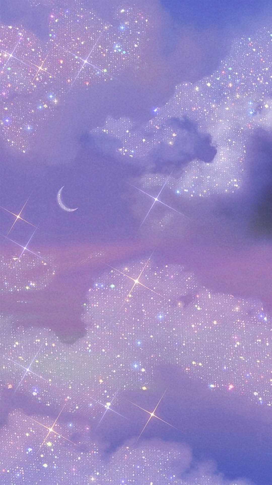 Lila Wolken, Mondsichel, Glitzer, Pastell, Himmel, Full HD, Sperrbildschirm fürs iPhone
