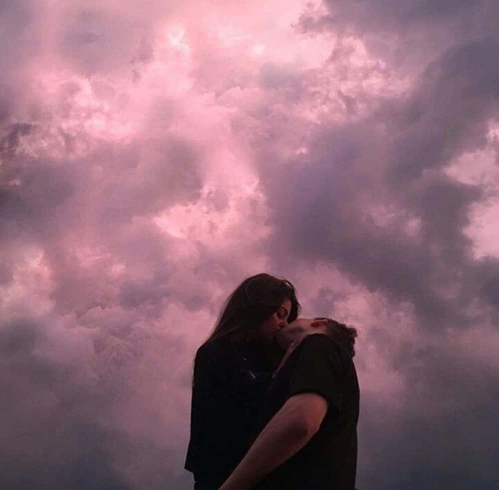 Paar, Rosa Wolken, Silhouette, Kuss, Hintergrundbild für iPad und Tablet