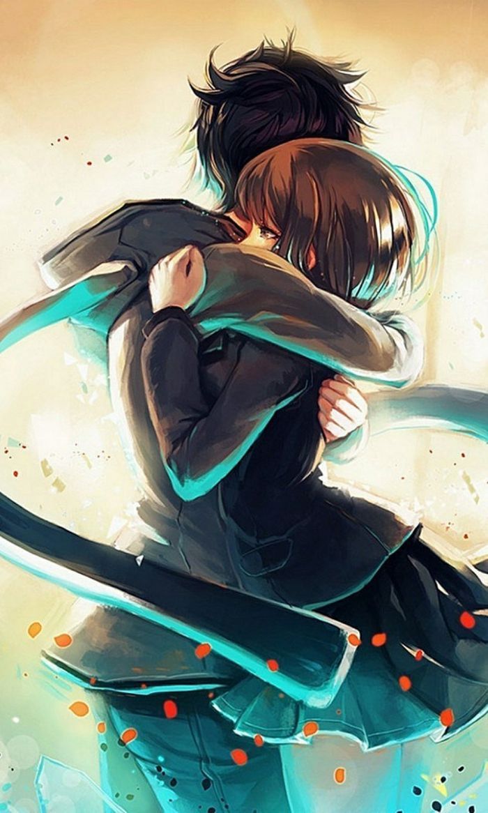 Anime-Paar, Umarmung, Digitale Kunst, Türkis, Hintergrundbild für iPhone und Android