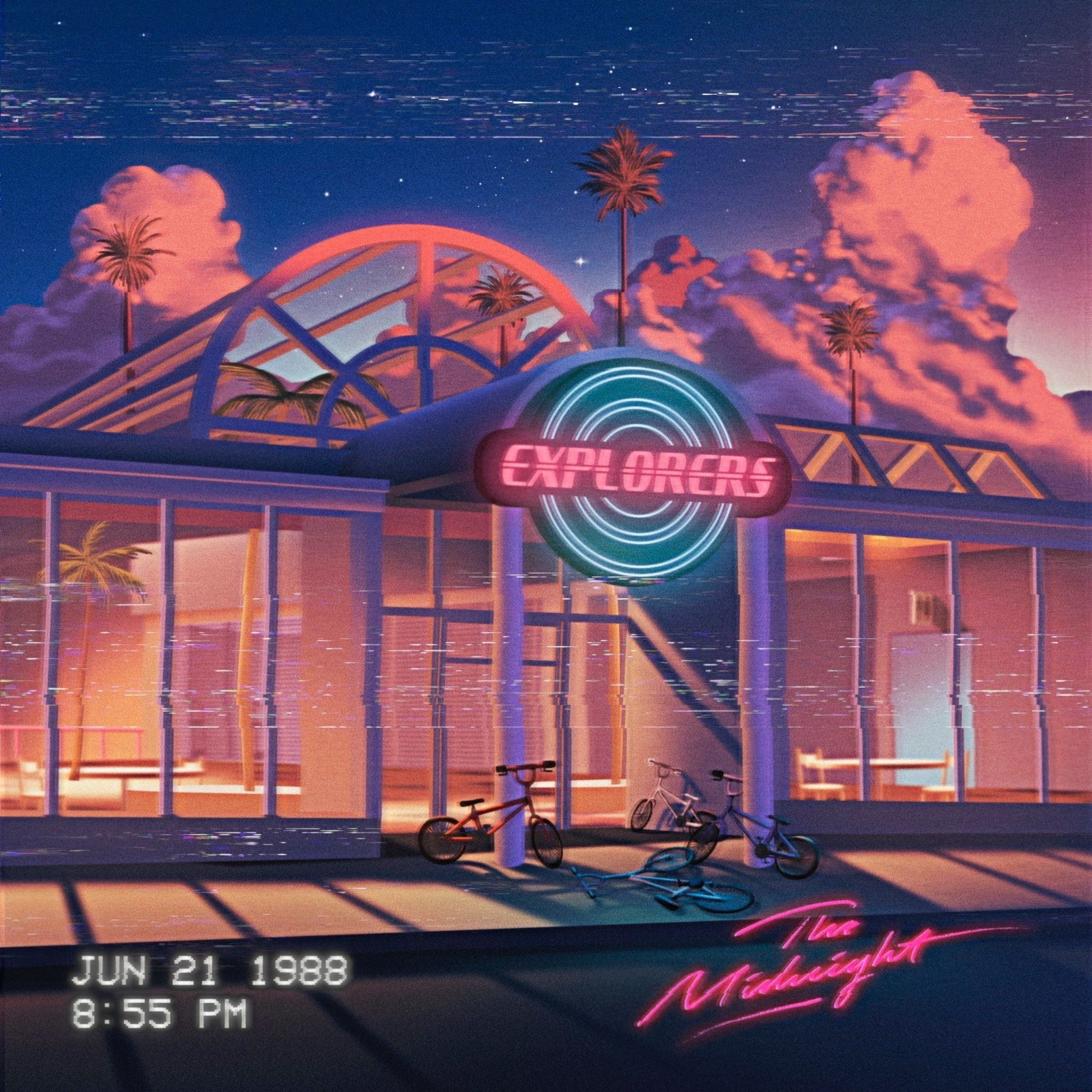 The Midnight, Explorers, Synthwave, Neon, Retro-Gebäude, Abendrot, Full HD, Tablet-Hintergrund