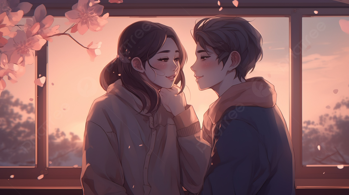 Anime-Paar, Kirschblüten, Fenster, Sonnenuntergang, Romantik, Hintergrundbild