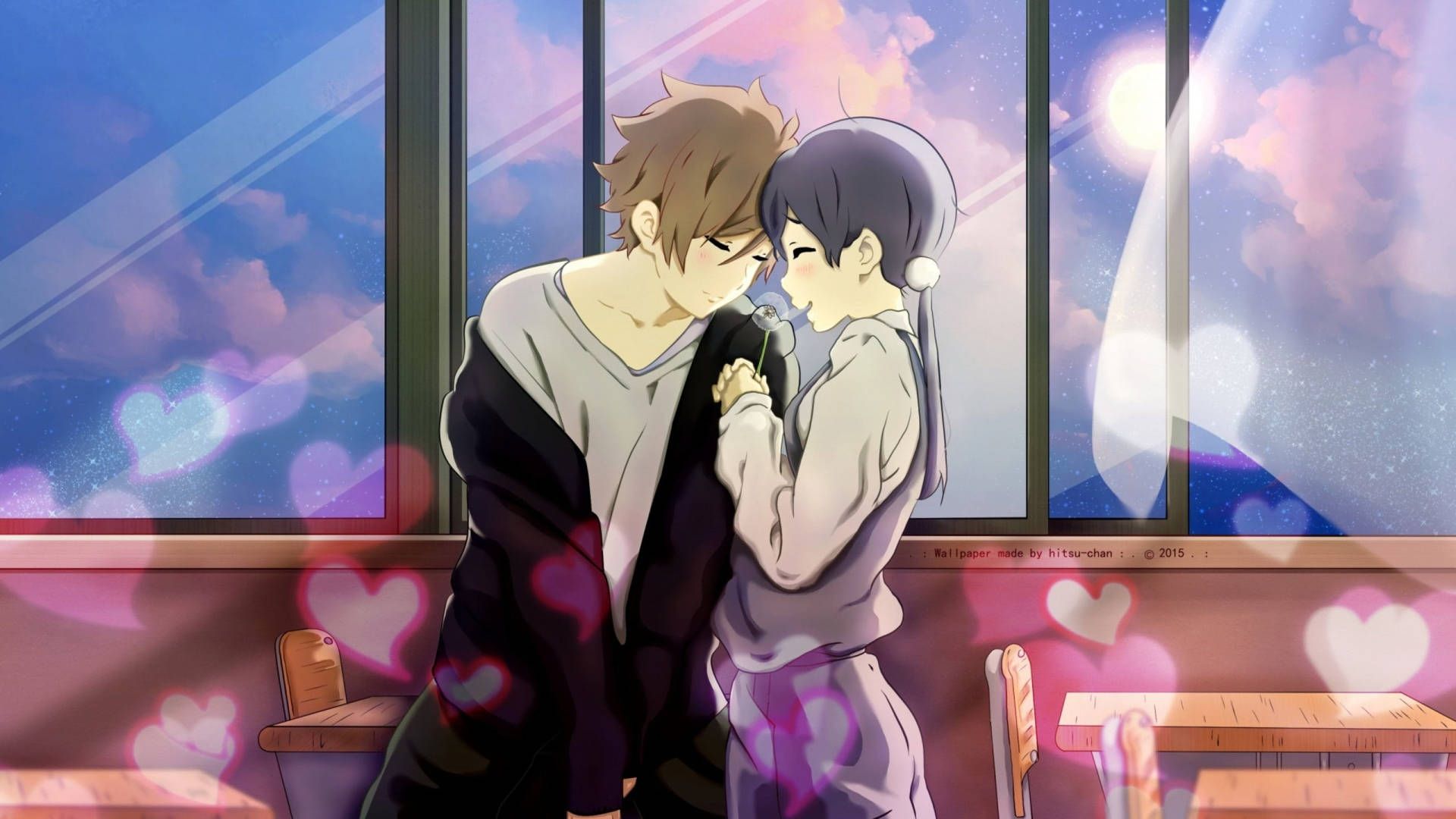 Anime-Paar, Herzen, Café, Fenster, Pastell, 16:9, Full-HD-Hintergrundbild für den Desktop