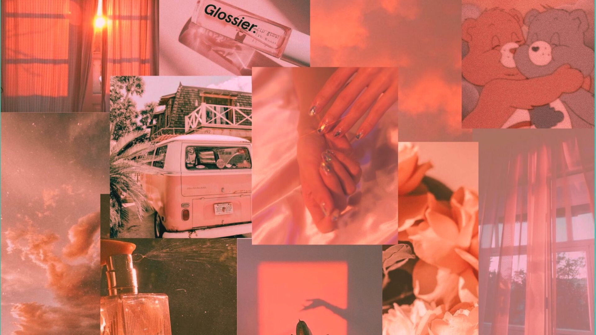 Glossier, Glücksbärchis, Collage, VW-Bus, Pfirsichtöne, Ästhetik, Full HD, PC-Hintergrundbild