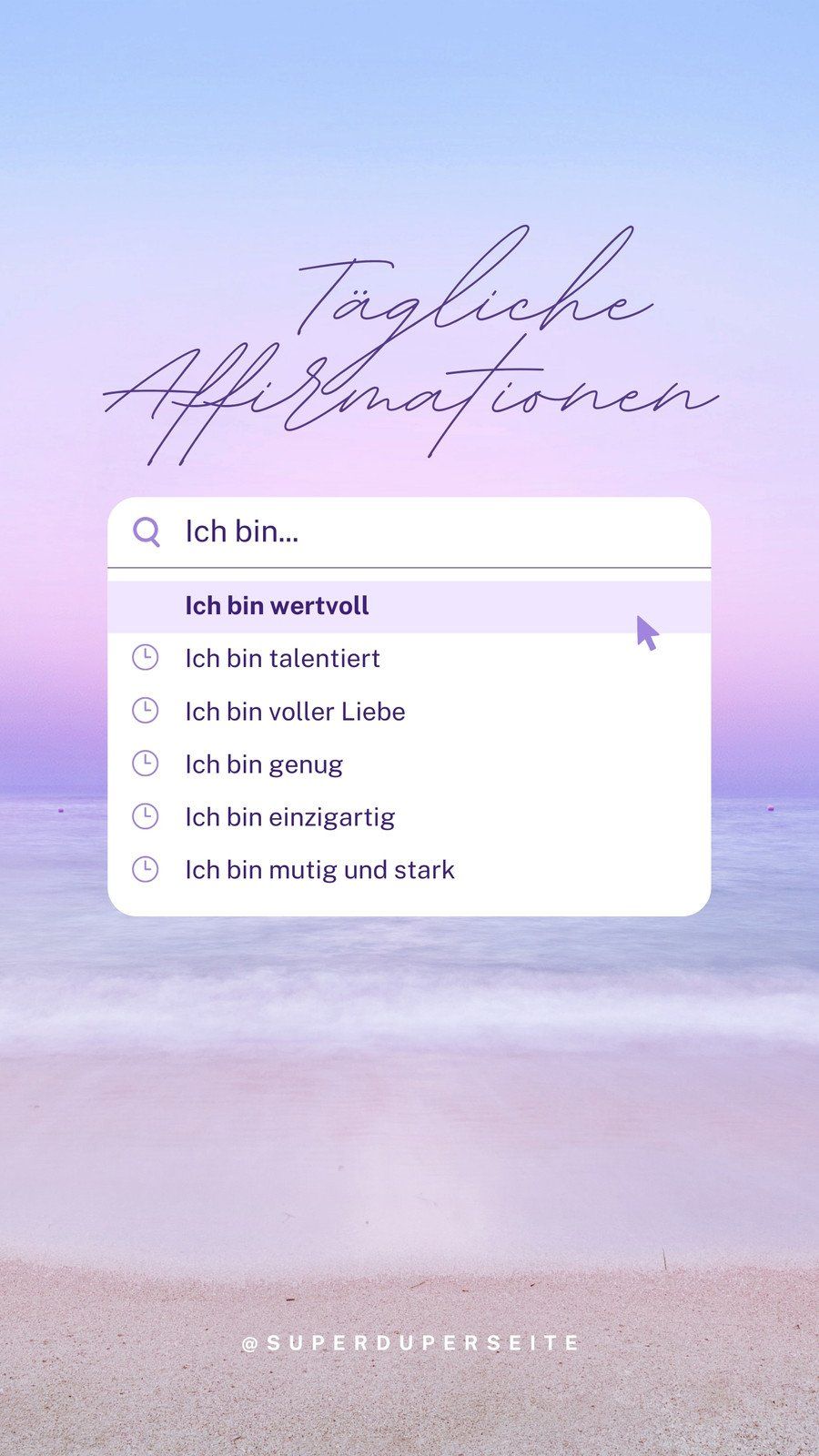 Tägliche Affirmationen, Ich bin …, Suchleiste, Lila, Pastell, Android-Hintergrundbild