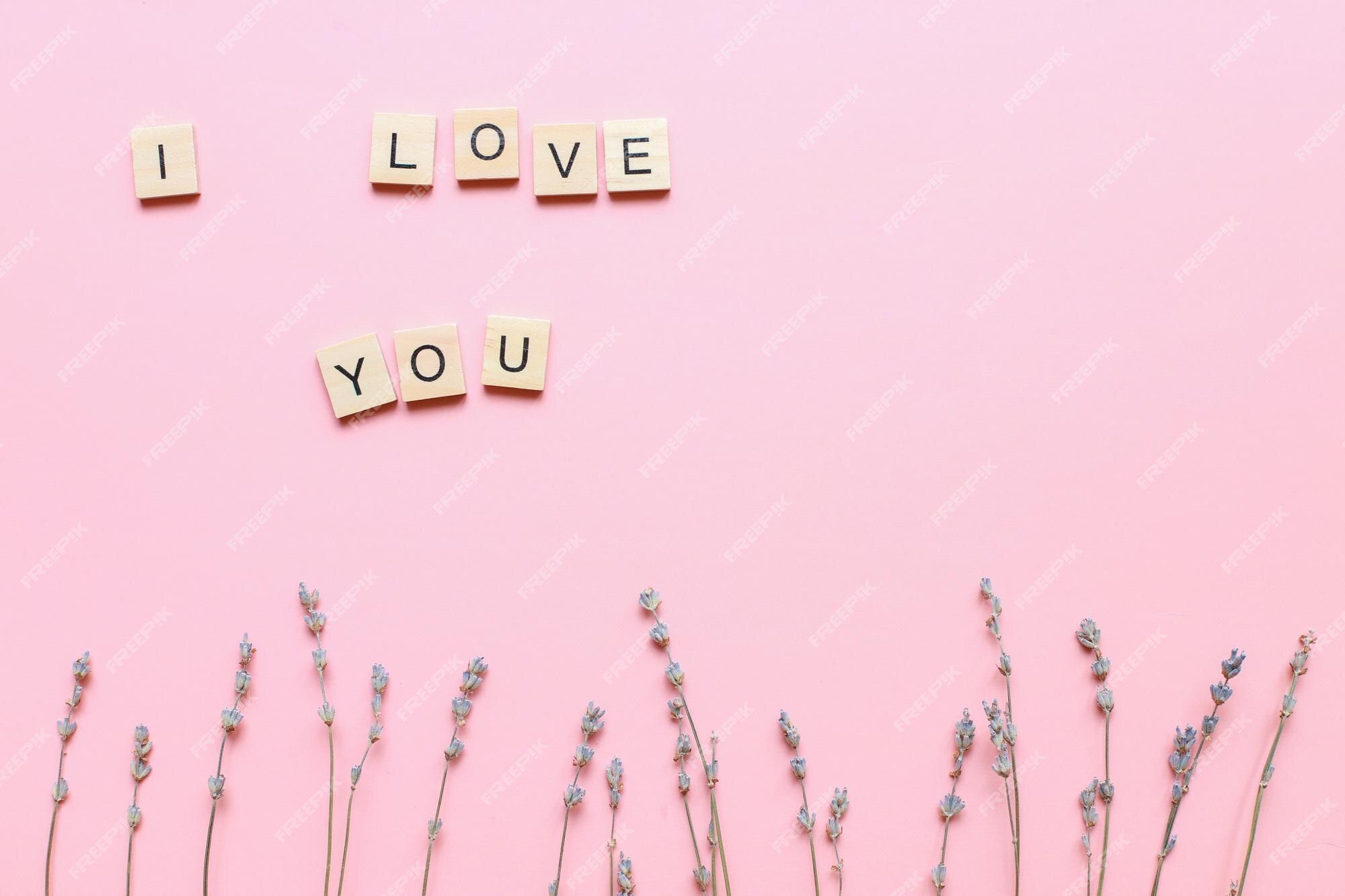 I love you, Buchstabensteine, Lavendel, Rosa Hintergrund, Minimalistisch, Full HD Wallpaper