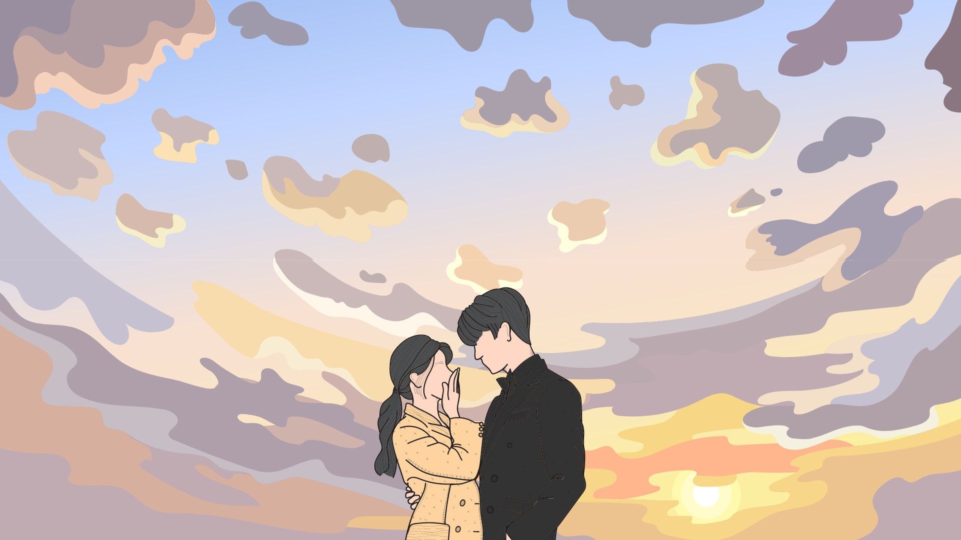 Paar, Illustration, Wolken, Sonnenuntergang, Anime-Stil, Full HD, Breitbild-Hintergrundbild