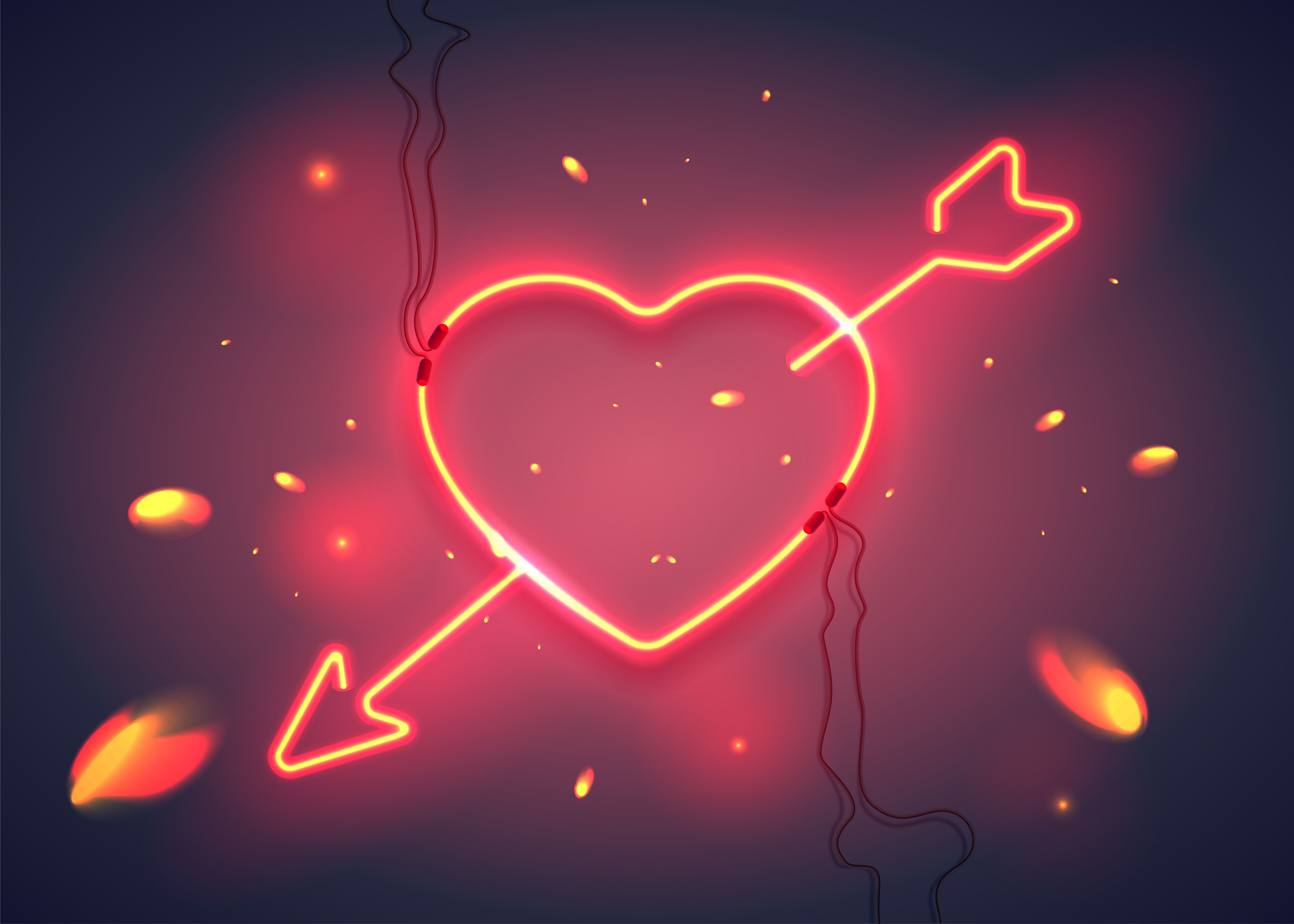 Herz mit Pfeil, Neon-Herz, Amors Pfeil, Rotes Neon, Valentinstag, 5K, Windows-Hintergrundbild