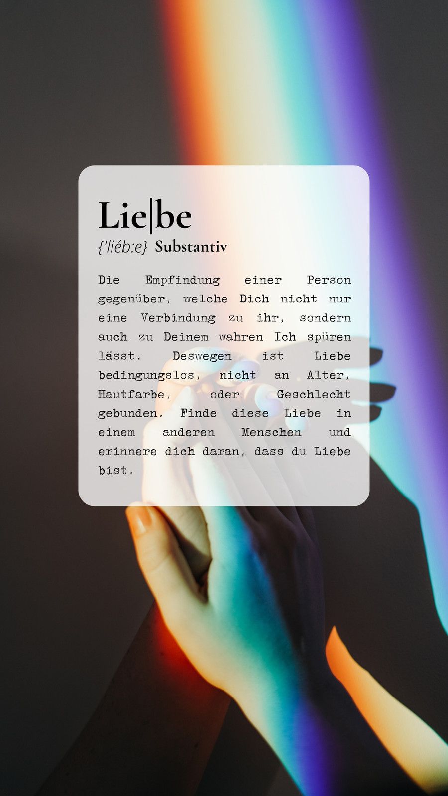 Liebe, Definition, Wörterbucheintrag, Hände, Regenbogenlicht, Dunkler Hintergrund, Sperrbildschirm