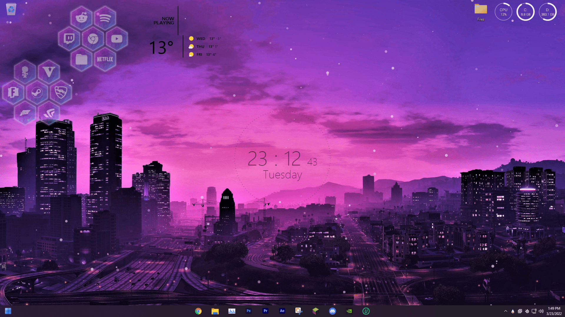 Desktop-Screenshot, Widgets, Skyline, Lila Himmel, Nacht, Stadt, Full-HD-Hintergrundbild für PC